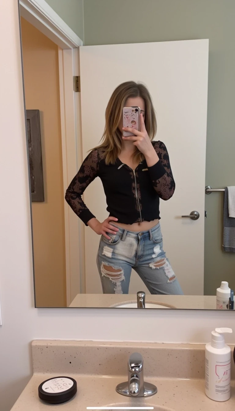 IMG_3434.HEIC, CSTMDL woman mirror selfie in a bathroom, low quality snapchat image shot on phone camera 