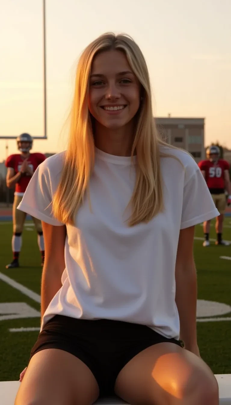 AI image prompt: boring low quality snapchat photo circa 2015, The scene features a young college girl, sitting on a gym bench. She’s dressed in gym shorts and white tshirt. The background shows a football field at sunset, with visible goalposts and field markings instead of a construction site. The light is from the setting sun, casting an orange glow across her face and body without the sun itself being visible. The warm hues create soft, elongated shadows, adding a relaxed, end-of-day atmosphere. The scene feels spontaneous and candid, with several football players visible in the background practicing on the field.