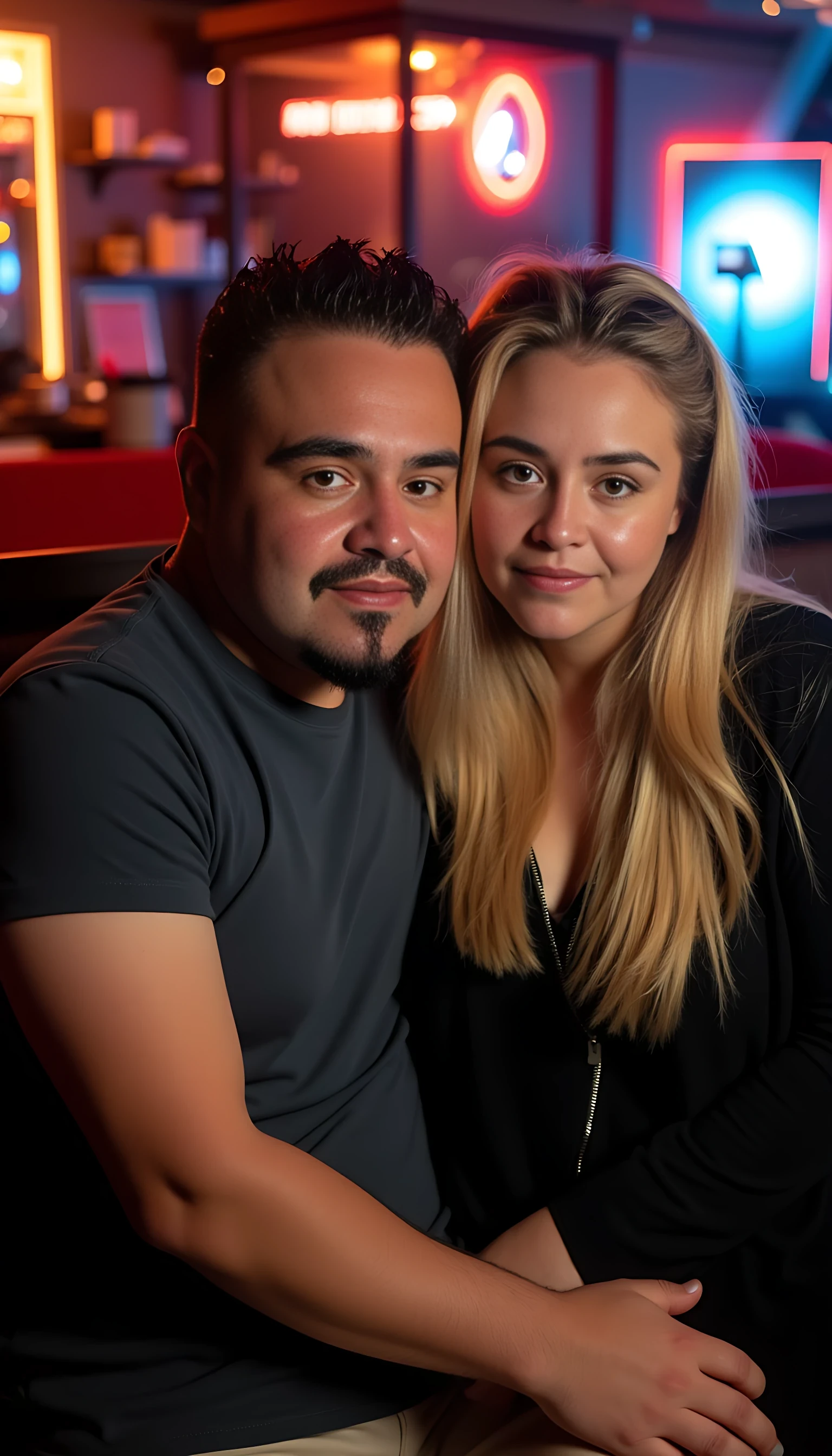 Man full average body with a beautiful blonde woman with blue eyes seating on his lab and a couch  with a night club background 