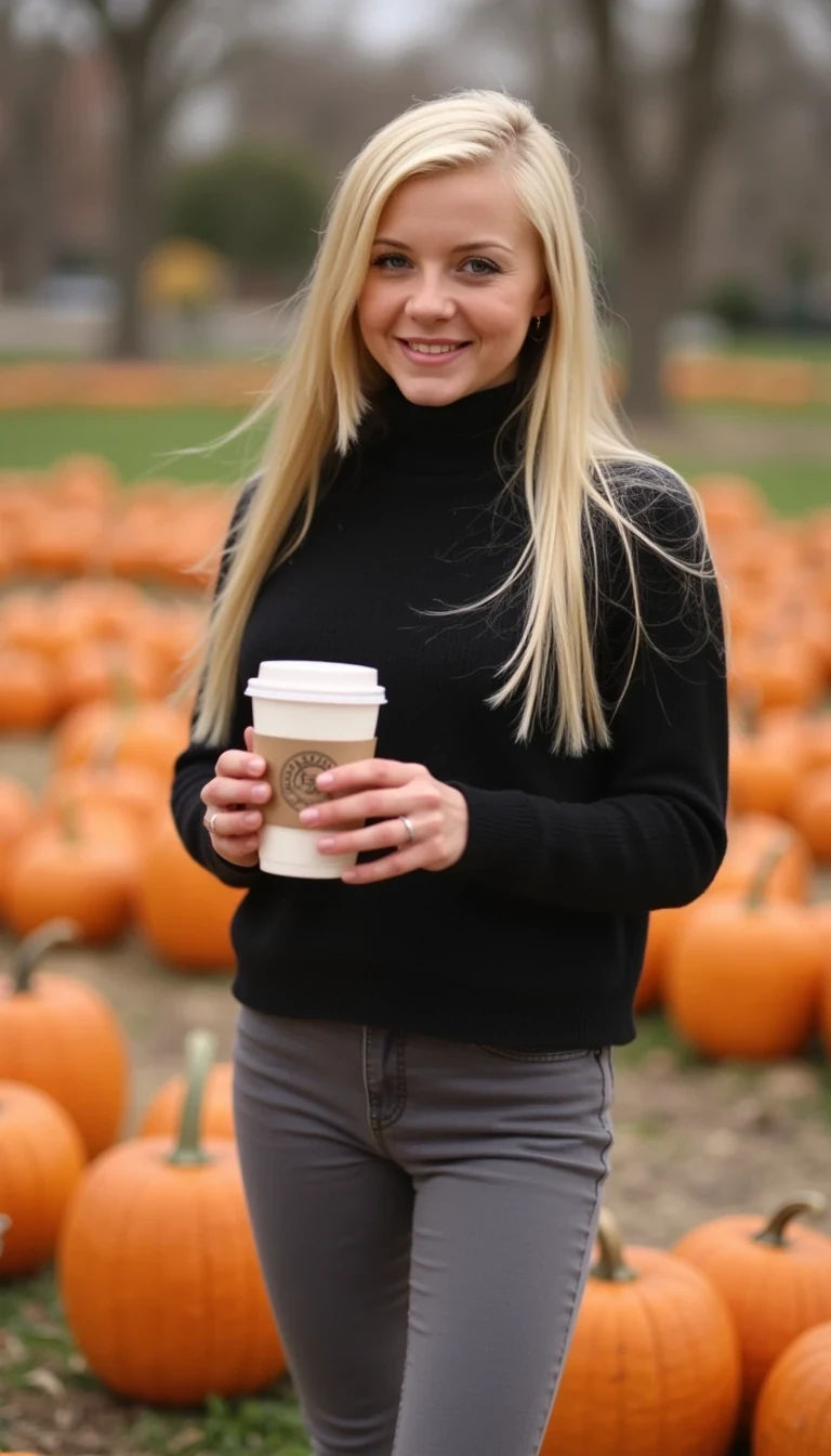 CSTMDL petite blonde girl standing on a pumpkin patch holding a generic coffee.  She is wearing grey skinny jeans and a black sweater smiling at the camera 