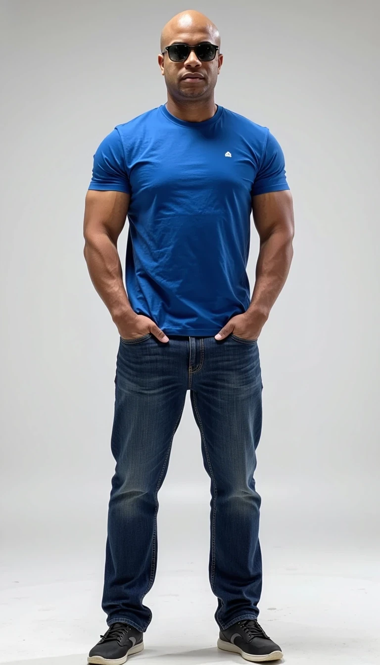 Full body image. make him more realistic and similar. Tech CEO, He is wearing a blue t shirt, jeans and modern Ray-Ban sunglasses. Slim but muscular build. He is facing the camera directly, as if the paparazzi is shooting him. He looks like a confident stud, CSTMDL, Face of Carter and bald head