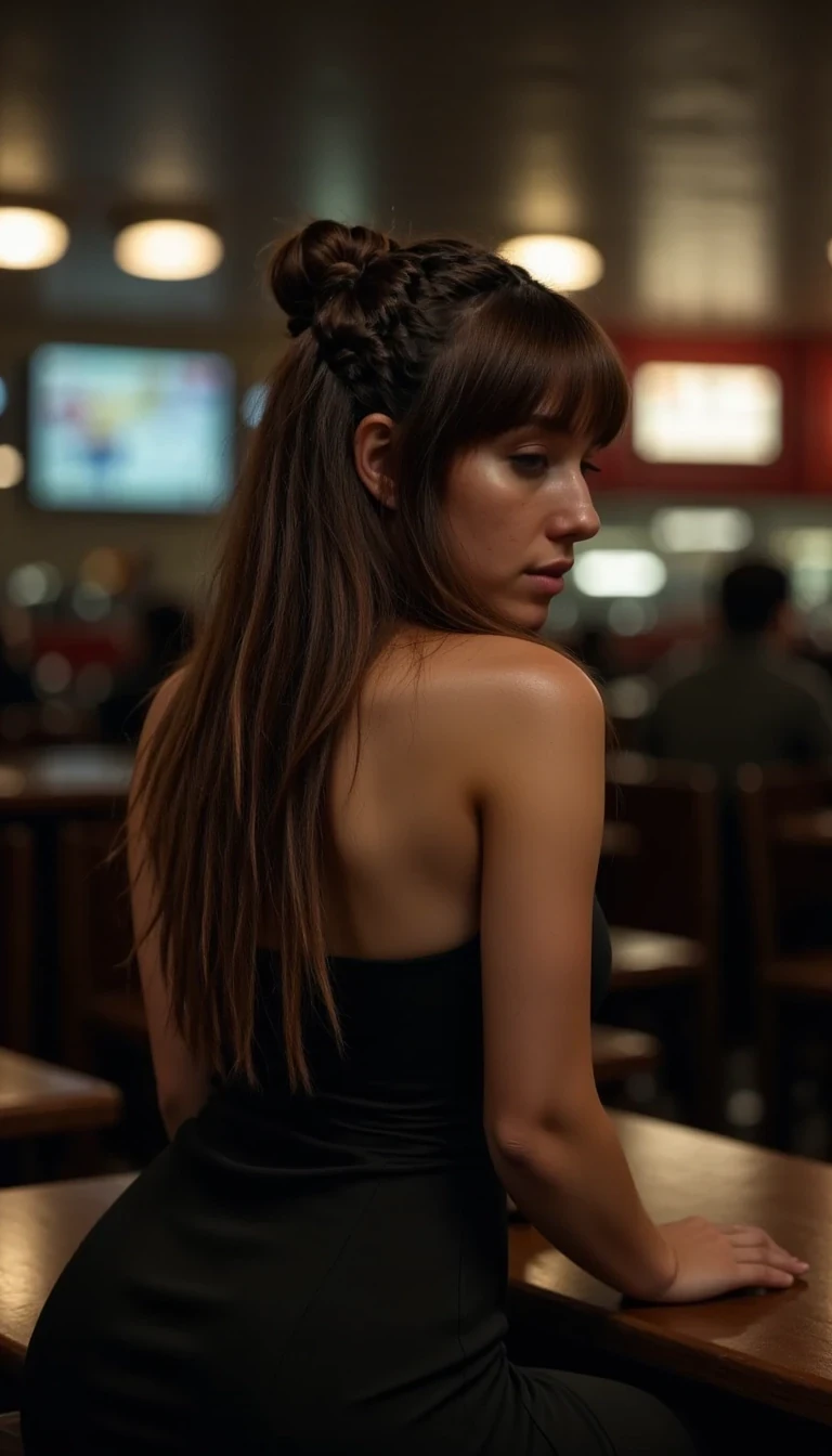 photo of woman CSTMDL, at crowded McDonald’s. Wearing a dress, messy hair, sweaty, exhausted, late night 