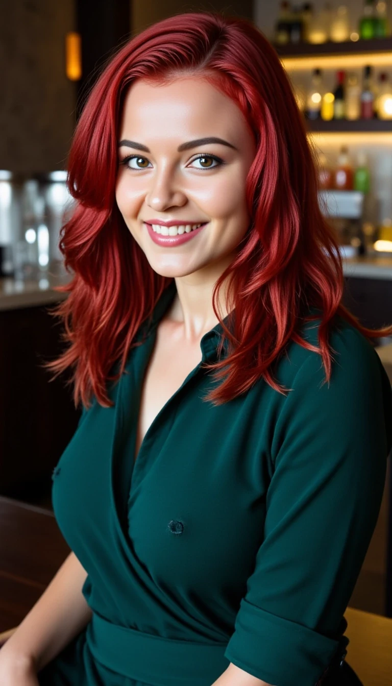 iphone portrait of CSTMDL woman at A bar with a big smile. She’s wearing a classy green outfit. Her vibrant red hair is balayage shoulder length 