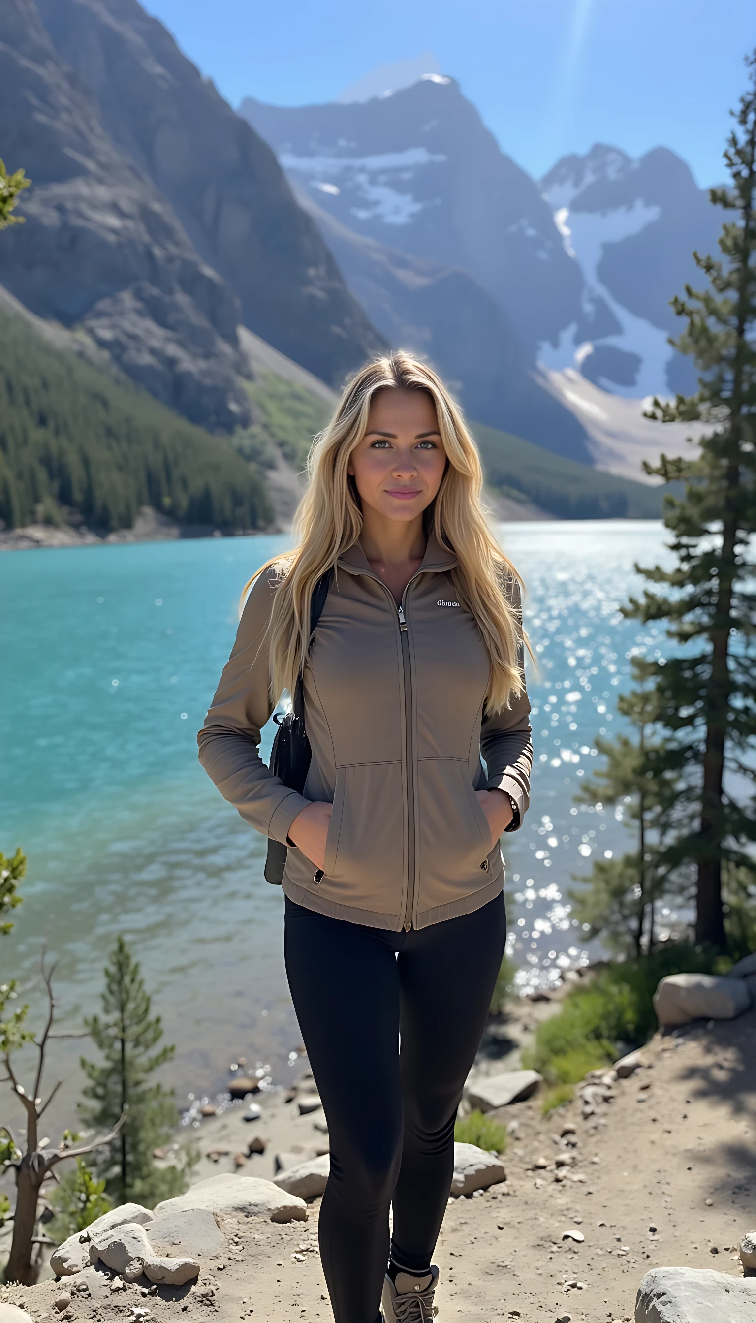 Ultra-realistic photo of a hot, tan, blonde CSTMDL with long wavy hair, fit and toned body, standing on the edge of Lake Louise in Banff National Park, Canada. She is wearing a stylish, fitted hiking jacket, black leggings, and hiking boots, with a small backpack over one shoulder. The turquoise lake water sparkles in the sunlight, surrounded by towering snow-capped mountains and evergreen forests. Golden sunlight reflects off the lake’s surface, casting a warm glow on her face. Sharp focus on subject, soft depth of field with the majestic Canadian Rockies in the background, DSLR photo quality, cinematic nature aesthetic, high detail, realistic skin texture.
