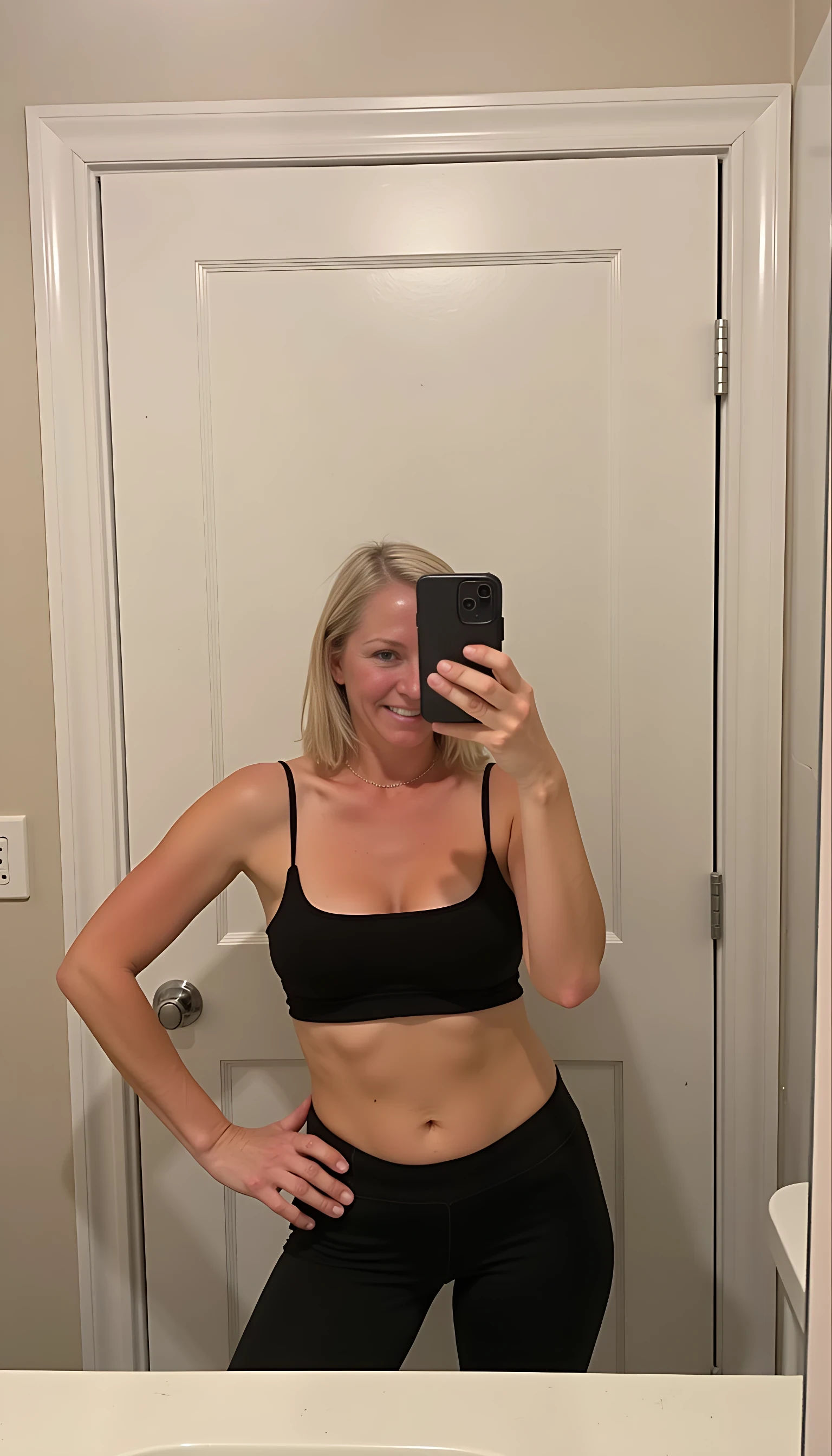 IMG_3434.HEIC, CSTMDL woman mirror selfie in a bathroom, low quality snapchat
image shot on phone camera