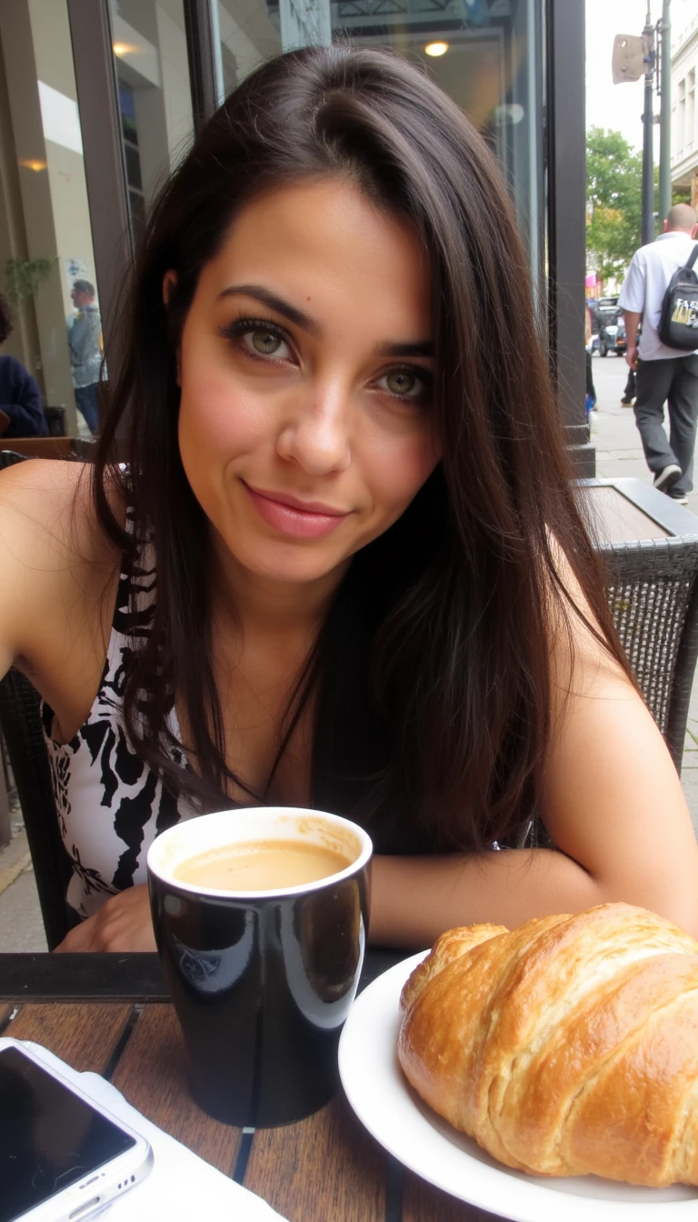 Boring low quality Snapchat photo circa 2013, iPhone 4 candid photo of CSTMDL, a young Mediterranean woman with golden-olive skin reminiscent of Kim Kardashian. She has extra-long sleek brunette hair falling in glossy waves, striking almond-shaped green eyes framed by thick black lashes, perfectly arched brows, high contoured cheekbones, a sculpted button nose, and very voluminous nude-toned lips. Her skin is natural and unretouched, with visible pores across her nose and cheeks, faint redness around her nostrils, soft under-eye shadows, fine smile lines near her mouth, and small blemishes scattered across her chin and jawline. A light oil sheen reflects across her forehead and nose, while peach fuzz glimmers subtly on her cheeks and a few stray baby hairs catch the uneven light. She is seated casually at an outdoor café table, resting one arm across the back of the chair while her other hand cradles a coffee cup. Her expression is relaxed, lips slightly parted as if caught mid-thought, and her body leans forward in a natural slouch rather than a staged pose. The table holds a croissant on a small plate, her phone face-down beside it, and the blurred outline of passing pedestrians can be seen in the background. Lighting is imperfect and mixed: harsh sunlight spills unevenly across one side of her face, overexposing her cheek and highlighting the texture of her skin, while the other side falls into dull shadow. The overall photo quality is grainy and muted, with slight blur from shaky hands, compression artifacts smudging her hair, and a faint glare from the dirty front camera lens. The framing is off-center, cropping part of her forehead, creating a raw, unpolished, and human feel.