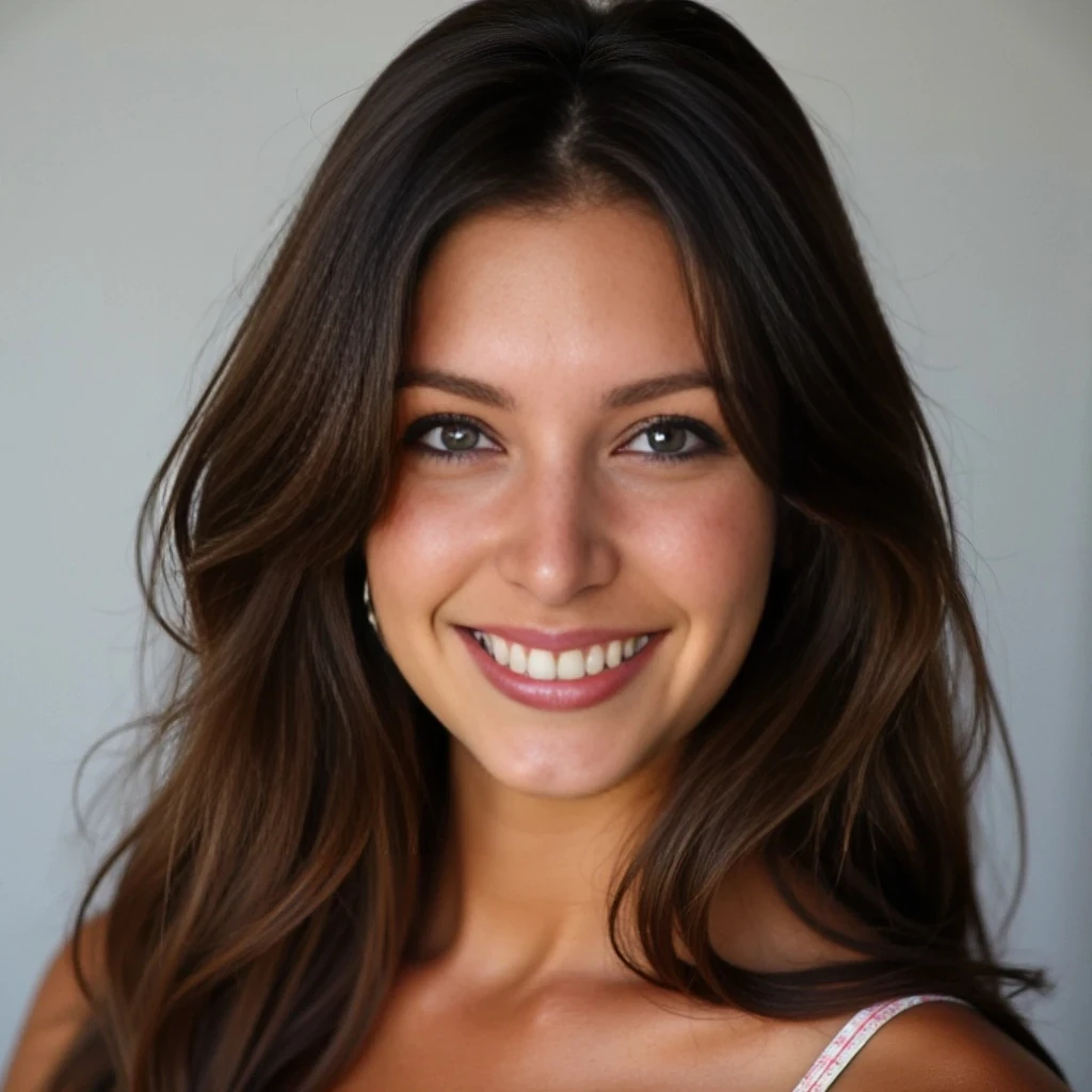 attractive woman, early 20s, soft dark long brown hair, soft gorgeous smile, full lips, beautiful blue eyes, slim button nose and sun-kissed tan tone, hour glass and toned, tall, long legs, confident, old-money, girl next door type   