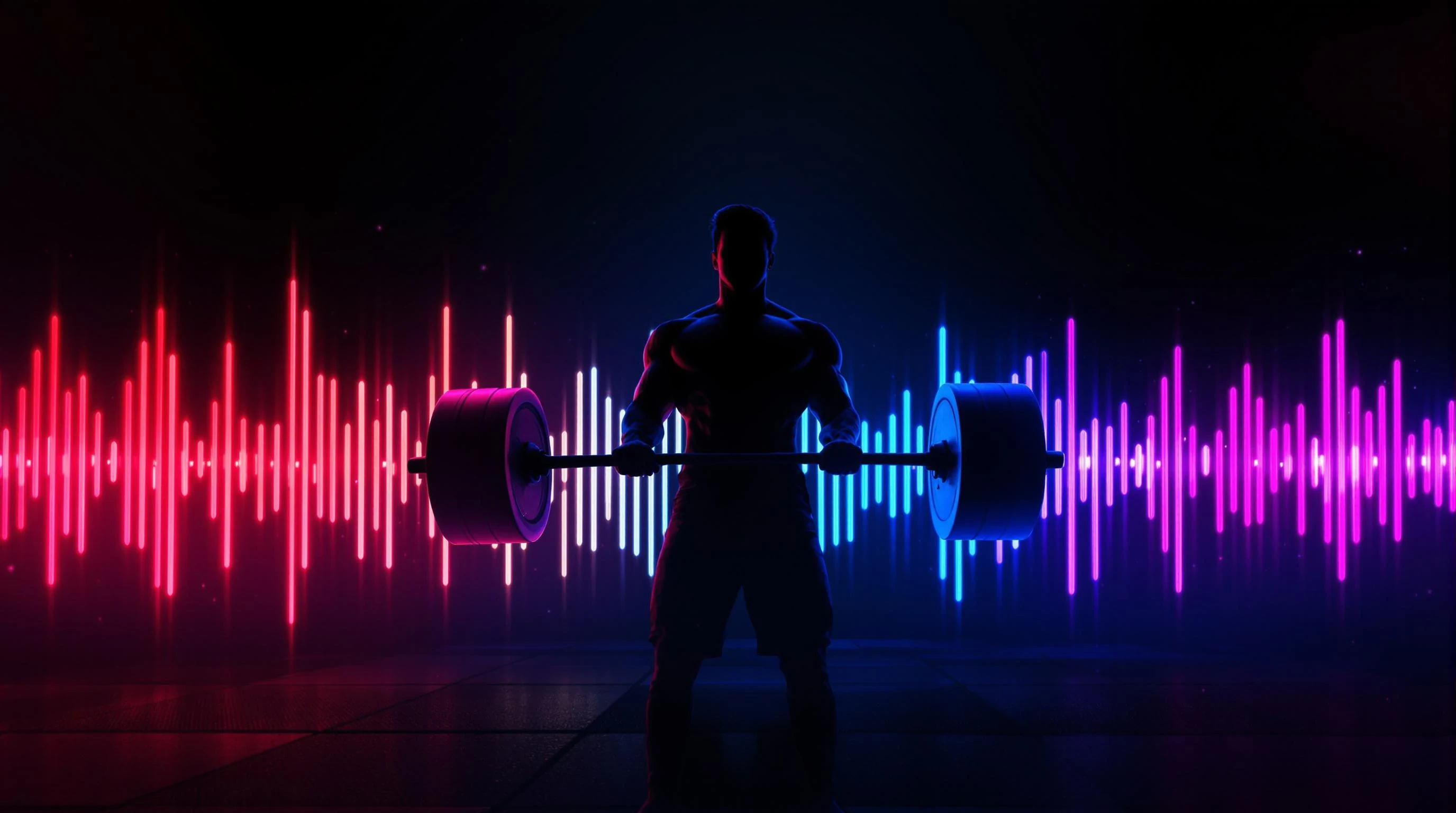 A powerful and dynamic digital artwork featuring the silhouette of a muscular athlete lifting heavy weights. The background is dark with neon-colored sound waves pulsing in the rhythm of music, glowing in red, blue, and purple. The waves are energetic and seem to radiate from the athlete, creating a sense of power and movement. The atmosphere is intense, with subtle lighting effects and a futuristic gym setting. The composition is sleek, high-contrast, and motivational, perfect for a fitness and workout music theme.