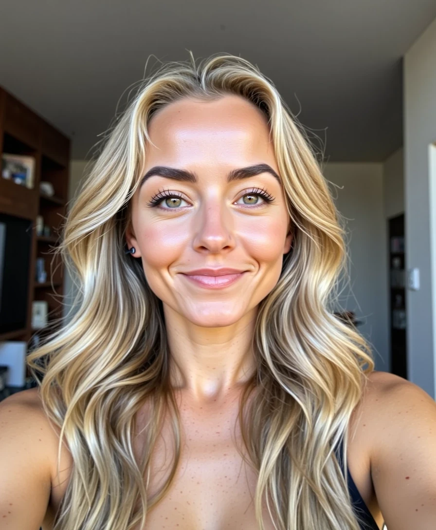 CSTMDL, Realistic — honey-blonde hair with caramel lowlights, golden-tan skin, natural face — low-angle selfie indoors, loose wavy hair, relaxed confident look, soft daylight, cozy casual vibe, faded tones.
