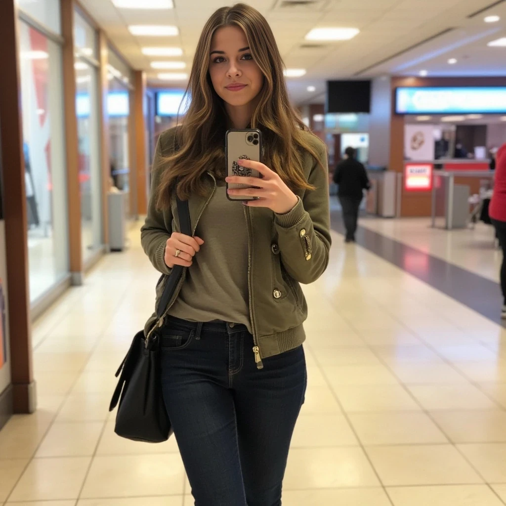 boring low quality snapchat photo circa 2015, average looking woman, full outfit, standing, soft light brown hair, mall background