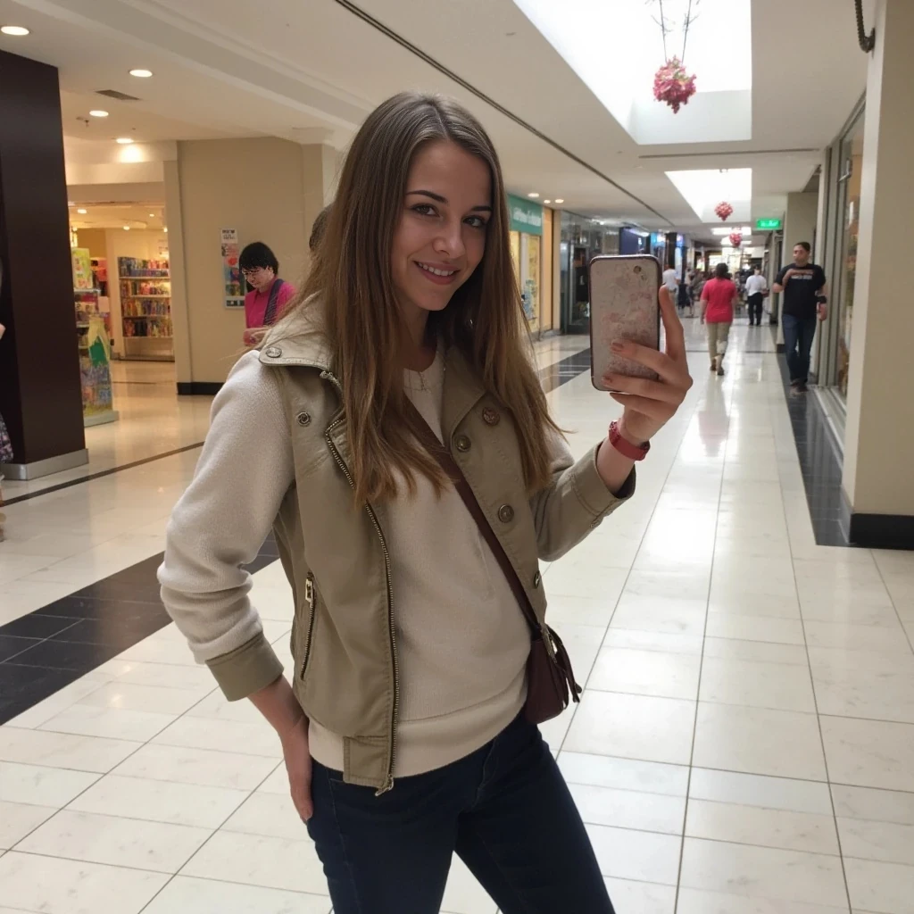 boring low quality snapchat photo circa 2015, average looking woman, full outfit, standing, soft light brown hair, mall background