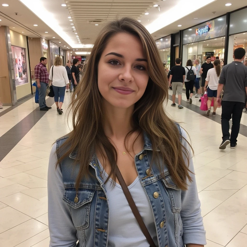 boring low quality snapchat photo circa 2015, average looking woman, full outfit, standing, soft light brown hair, mall background