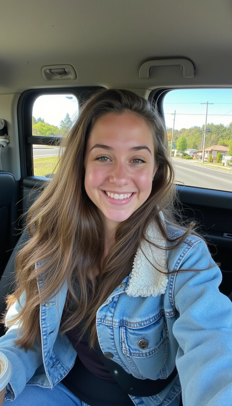 boring low quality snapchat photo circa 2015, A young woman with a warm smile, sitting in the driver's seat of a cozy car. She has soft, wavy brown hair cascading past her shoulders. The sunlight streams through the window, casting a gentle glow on her face. The interior of the car is neat and comfortable, with a coffee cup in the cup holder and a small plant on the dashboard. The background outside the window shows a scenic road lined with trees and blue skies
