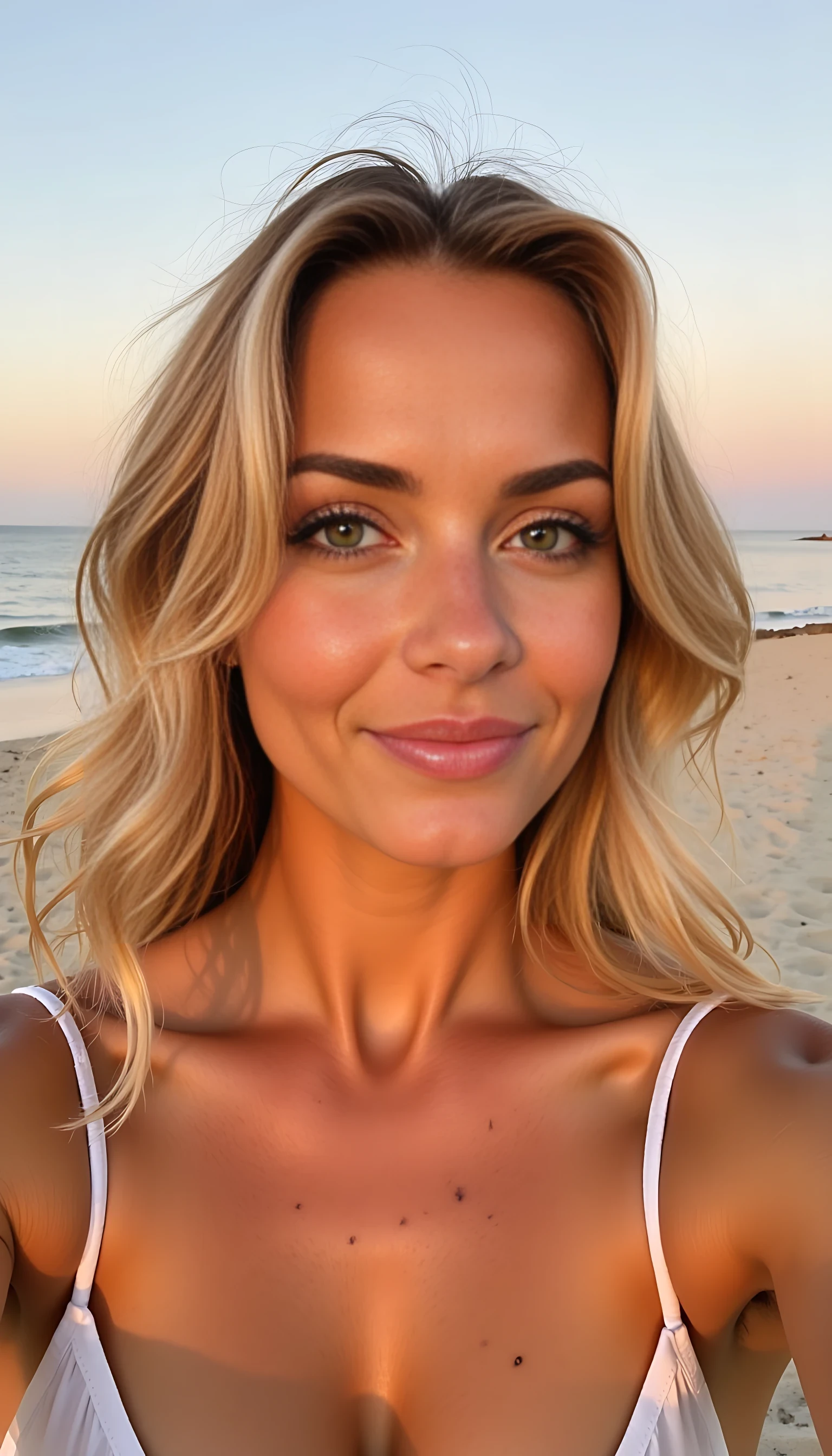 CSTMDL Photo-realistic selfie of a poised woman with smooth, dirty blonde hair neatly framing her face, captured at 08:32 PM EDT on Tuesday, July 15, 2025, on a pristine beach at sunset. The soft, golden light of the setting sun perfectly illuminates her flawless, lightly tanned skin, highlighting her symmetrical features: high cheekbones, a subtle scattering of freckles across her nose, and striking, clear green eyes that sparkle with the ocean’s reflection. Her lips, naturally full with a gentle, natural sheen, curve into a warm, confident smile. The background features a crisp, uncluttered view of the calm sea and a gradient sky in soft oranges and pinks, ensuring she remains the focal point for an ideal profile picture.
