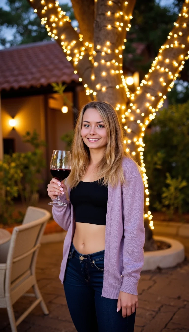 CSTMDL, A full body shot photo of a woman standing outdoors at a cozy, warmly lit patio in the evening, with soft, glowing lights wrapped around a tree behind them creating a charming atmosphere. The image is rich in detail, with warm tones and clear textures throughout. The woman has fair skin, a slim build, green eyes and long blonde hair, also worn loose. She is smiling warmly at the camera, holding a glass of red wine in her right hand, and wears a soft-textured lavender cardigan over a black shot top. she is also wearing dark blue jeans. The background features a large tree with sparkling string lights wrapped around its trunk and branches, adding a magical touch to the scene. The setting suggests a private outdoor seating area, with elements like terracotta-tiled roofing, greenery, and rattan chairs contributing to a serene, inviting vibe. The overall composition is balanced, with the woman framed against the softly glowing tree, and the lighting enhances the warm, intimate feel of a quiet evening shared among friends. The details are vivid, with textures of clothing, skin, and background elements clearly visible, while the warm lighting creates a relaxed and joyful mood