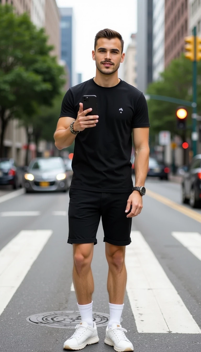 Photorealistic full-body photo of a young handsome man standing on a city crosswalk in daylight, positioned slightly sideways to the photographer. He has a stylish short haircut, light stubble, athletic build, and is wearing a fitted black short-sleeve T-shirt and black shorts in a modern ZARA style, with white socks and clean white sneakers. In his left hand he casually holds an iPhone 16 Pro Max, while with his right hand he points directly toward the camera with a playful gesture. He is laughing with a bright, natural smile. Urban city background with blurred traffic and buildings, lifestyle influencer aesthetic, cinematic realism, ultra-detailed, 8K
The photo feels cinematic, influencer-style, high quality, professional composition.
Well lit picture, Style: Photorealistic Lighting: studio lighting 
Details: Bright Lighting, High Detail, 4K
he stand infront of camera , photoghraped by a photograph
