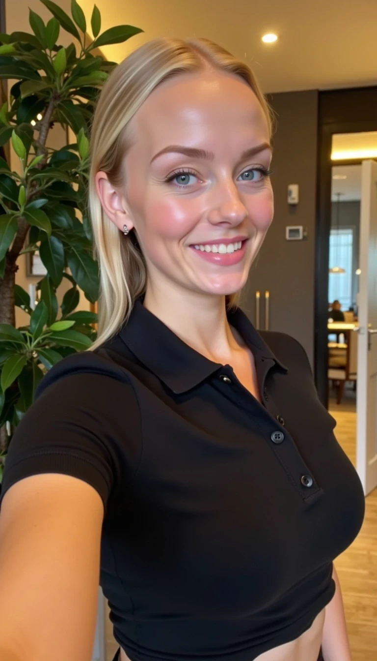 CSTMDL, Hailey, A photorealistic portrait of a young woman in her early 20s with fair porcelain skin, smooth complexion, subtle natural makeup with soft pink lips and light eyeliner, straight blonde hair tied back in a neat ponytail, bright blue eyes sparkling with warmth, friendly genuine smile revealing straight white teeth, confident and approachable demeanor, gazing directly at the viewer with engaging eye contact; she is wearing a fitted black short-sleeved polo shirt, no visible accessories; She is pulling up her polo with one hand to show her light blue sexy bra her pants are black. She is taking a selfie with the other hand. set in a modern upscale restaurant bathroom interior with high ceilings, warm ambient lights with golden glow in the background; dominant colors are neutral blacks and grays with pops of green foliage, warm wood tones; composition is a medium close-up shot from a slight low angle to emphasize approachability, framed centrally with balanced symmetry, captured with a Canon EOS 5D Mark IV camera using a 50mm prime lens at f/2.8 aperture for shallow depth of field, ISO 100 for crisp details, lighting supplemented by soft indoor LEDs at 4000K color temperature, hyper-realistic textures like the soft cotton weave of the polo shirt, and smooth skin pores; ultra-detailed, hyperrealism, photorealistic rendering indistinguishable from a high-resolution photograph, 8k resolution.