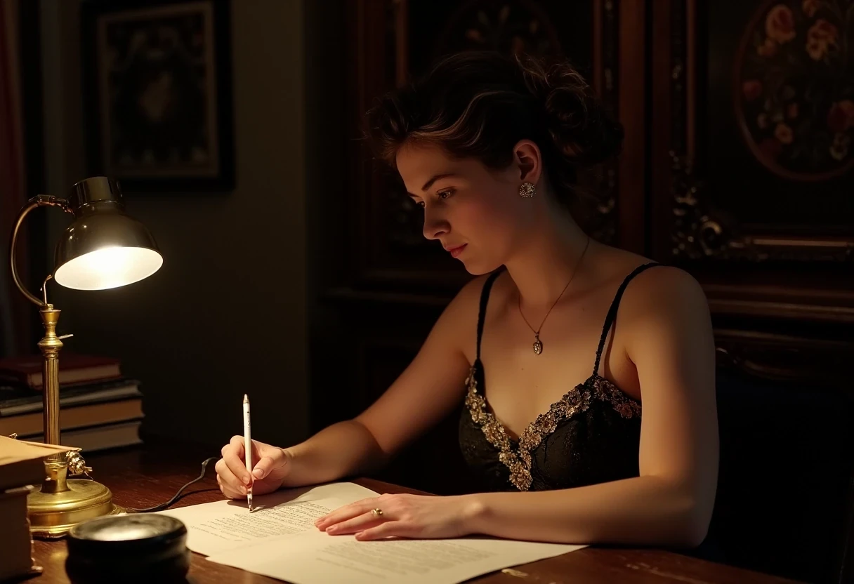 photo of woman CSTMDL, brunette, small pendant, hair tied, blue eyes, haute couture dress, working late night at her desk. The room is dark, the only light is a Gallé art nouveau desk lamp.
She’s surrounded by old books and sheets of paper she worked on.
She’s surrounded by her works in a beautiful art nouveau room