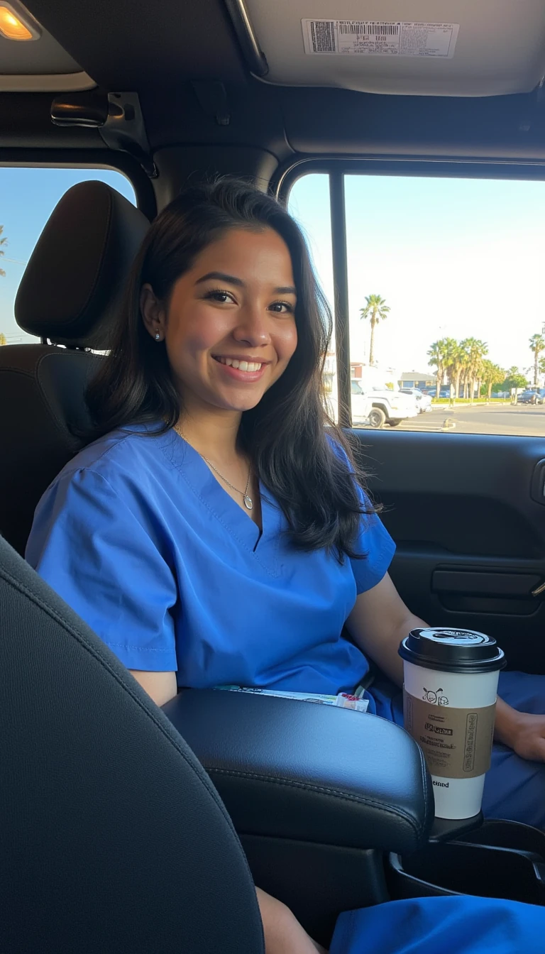 boring low quality instagram photo circa 2020, A younger woman around 22 petite latina decent with a sexy smile, wearing nurse scrubs sitting in a car. She has soft, wavy black hair cascading past her shoulders. The sunlight streams through the window, casting a gentle glow on her face. The interior of the Jeep wrangler is neat and comfortable, with a coffee cup in the cup holder. The background outside the window shows palm trees and blue skies.