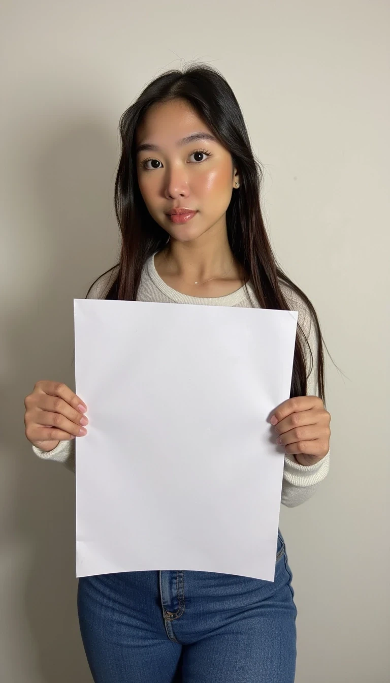 photo of woman CSTMDL, low quality photo, holding a piece of white paper with both hands, realistic photo, long sleeve clothes, upper body photo, wall background