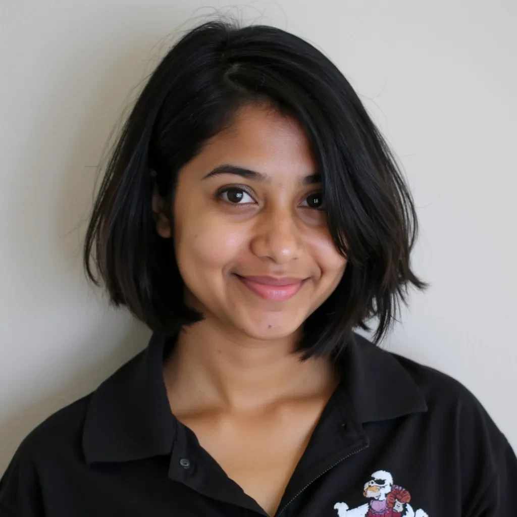 Portrait of Young Adult Non Residential indian girl in Canada, she has dark black short hairs upto neck