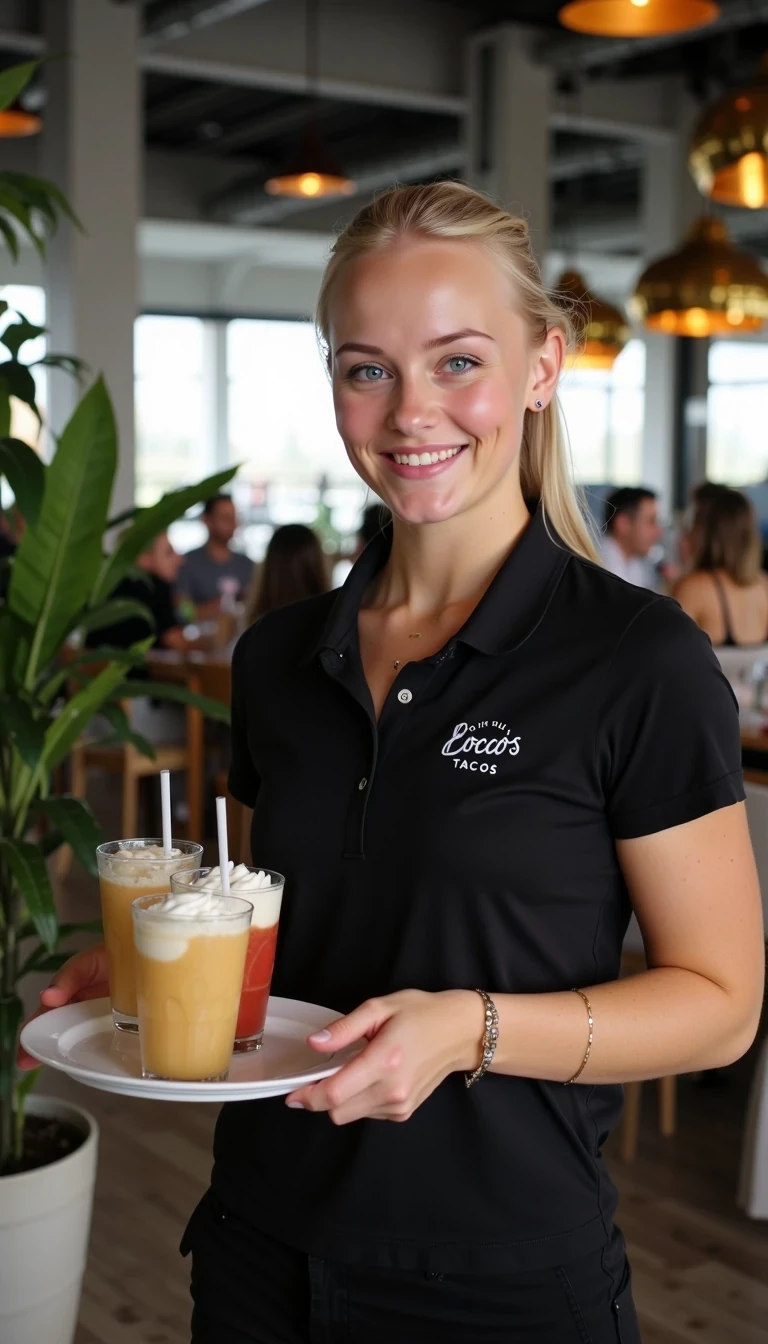 CSTMDL, Hailey, photorealistic portrait of a young woman in her early 20s with fair porcelain skin, smooth complexion, subtle natural makeup with soft pink lips and light eyeliner, straight blonde hair tied back in a neat ponytail, bright blue eyes sparkling with warmth, friendly genuine smile revealing straight white teeth, confident and approachable demeanor, gazing directly at the viewer with engaging eye contact; she is wearing a fitted black short-sleeved polo shirt with a small embroidered logo on the chest reading "Rocco's Tacos" in white lettering, tucked into slim black pants, no visible accessories; she is holding a tray balanced on her right hand, the plate featuring a 3 different drinks; set in a modern upscale cafe interior with high ceilings, large floor-to-ceiling windows allowing soft diffused natural daylight to flood in from the right side, creating gentle highlights and soft shadows on her face and clothing, warm ambient hanging pendant lights with golden glow in the background; blurred background details include a tall green potted plant with broad leaves to the left, patrons seated at wooden tables including a man in a beige shirt facing away, another in gray chatting, and a woman in a black tank top with long brown hair; dominant colors are neutral blacks and grays with pops of green foliage, warm wood tones, and red accents from the food; overall welcoming and lively casual dining atmosphere, evoking freshness and hospitality; composition is a medium close-up shot from a slight low angle to emphasize approachability, framed centrally with balanced symmetry, captured with a Canon EOS 5D Mark IV camera using a 50mm prime lens at f/2.8 aperture for shallow depth of field, ISO 100 for crisp details, natural window lighting supplemented by soft indoor LEDs at 4000K color temperature, hyper-realistic textures like the soft cotton weave of the polo shirt, and smooth skin pores; ultra-detailed, hyperrealism, photorealistic rendering indistinguishable from a high-resolution photograph, 8k resolution, sharp focus on the woman and plate with bokeh background.