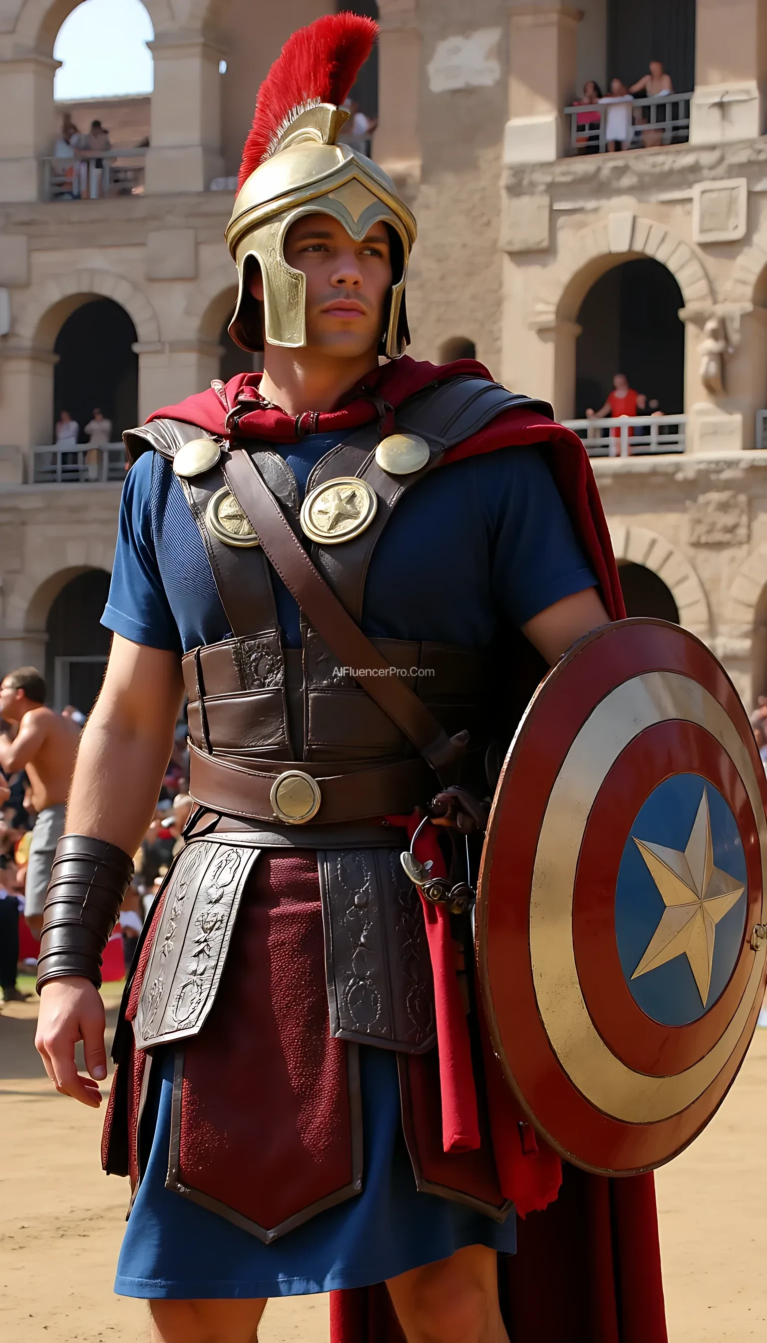 Captain America in Roman gladiator attire, carrying a round shield with a star emblem and wearing a classic Roman helmet. In an ancient Colosseum arena.
