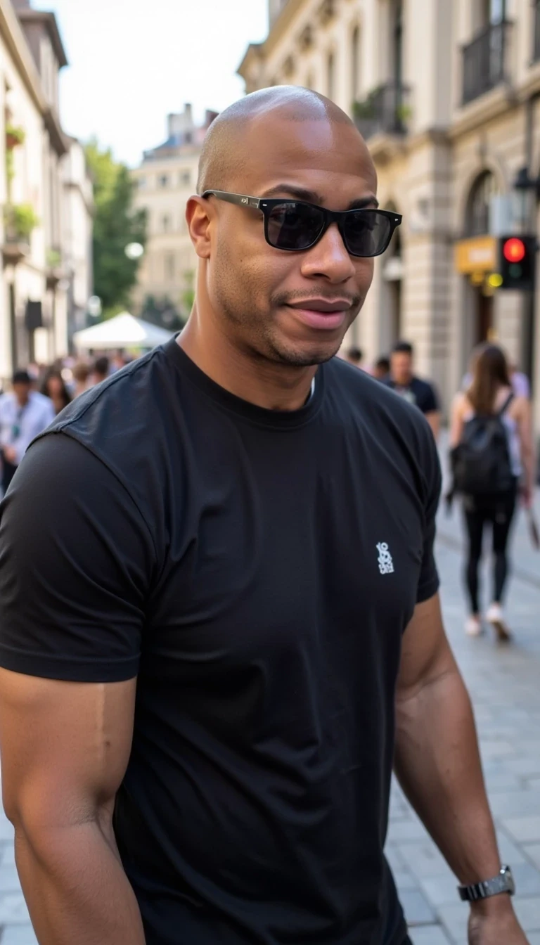 Reality filter , black t shirt, sunglasses, walking around europe,  smiling and same face of Carter with bald head, real look, cstmdl