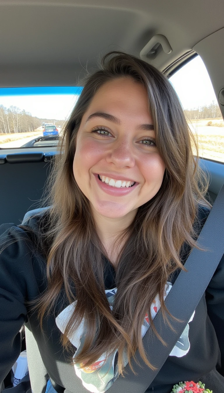 boring low quality snapchat photo circa 2015, A young woman with a warm smile, sitting in the driver's seat of a cozy car. She has soft, wavy brown hair cascading past her shoulders. The sunlight streams through the window, casting a gentle glow on her face. The interior of the car is neat and comfortable, with a coffee cup in the cup holder and a small plant on the dashboard. The background outside the window shows a scenic road lined with trees and blue skies