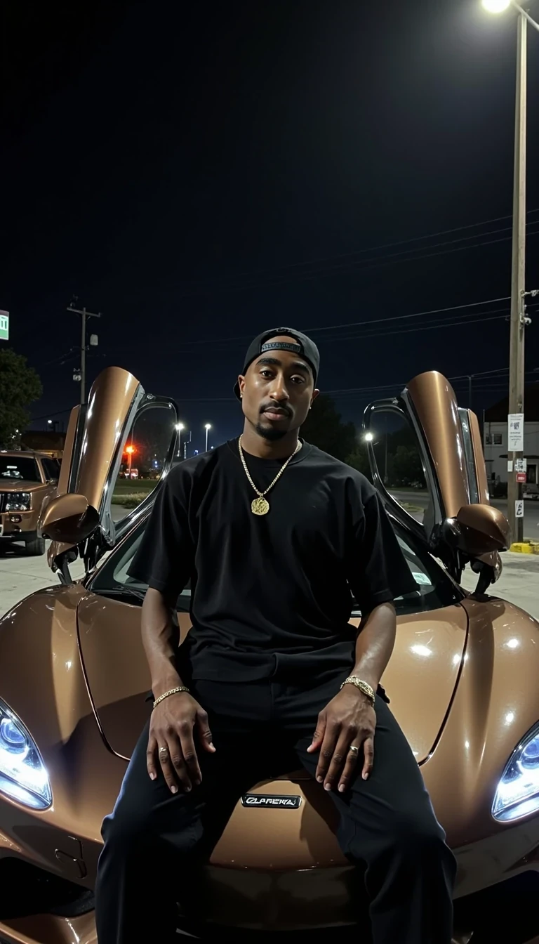 iphone portrait of CSTMDL A candid, off-guard shot of a bald man (like Tupac) casually sitting on the hood of a brown McLaren with butterfly doors open at a gas station at night, looking confident and composed. He’s wearing all-black clothing with layered chains and a black LA hat pushed back slightly. Behind him, a Dodge Challenger Hellcat in matching brown with custom accents is parked. The scene is well-lit under harsh gas station lights with a moody nighttime suburban backdrop — distant street lights, power lines, and a dark sky.

Camera Setup:
Shot on Sony A7 III with a Sony FE 24-70mm f/2.8 GM lens, aperture set at f/2.8 for a shallow depth of field, ISO 400, 1/125 shutter speed.
Use natural low-light ambiance, crisp details on the car paint and facial features, creamy bokeh on background elements.

Style:
Cinematic realism, luxury hip-hop lifestyle, crisp texture, deep shadows and contrast, mild lens flare from overhead lights, slightly desaturated tones with rich blacks and warm highlights.