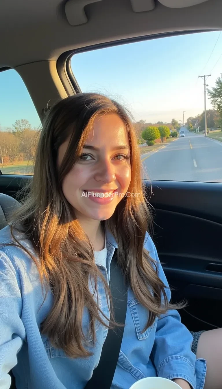 boring low quality snapchat photo circa 2015, A young woman with a warm smile, sitting in the driver's seat of a cozy car. She has soft, wavy brown hair cascading past her shoulders. The sunlight streams through the window, casting a gentle glow on her face. The interior of the car is neat and comfortable, with a coffee cup in the cup holder and a small plant on the dashboard. The background outside the window shows a scenic road lined with trees and blue skies