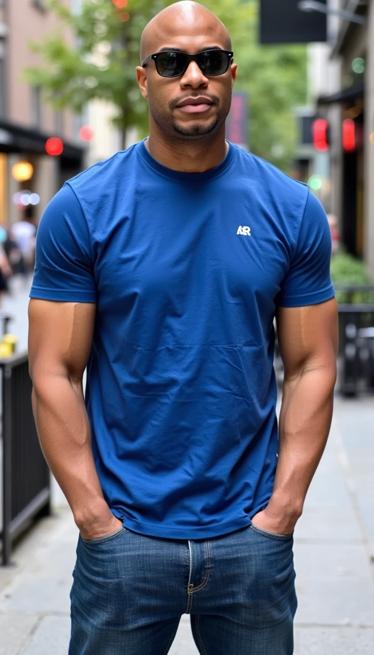 Full body image. make him more realistic and similar. Tech CEO, He is wearing a blue t shirt, jeans and modern Ray-Ban sunglasses. Slim but muscular build. He is facing the camera directly, as if the paparazzi is shooting him while he is out in public.He looks like a confident stud, CSTMDL, Face of Carter and bald head