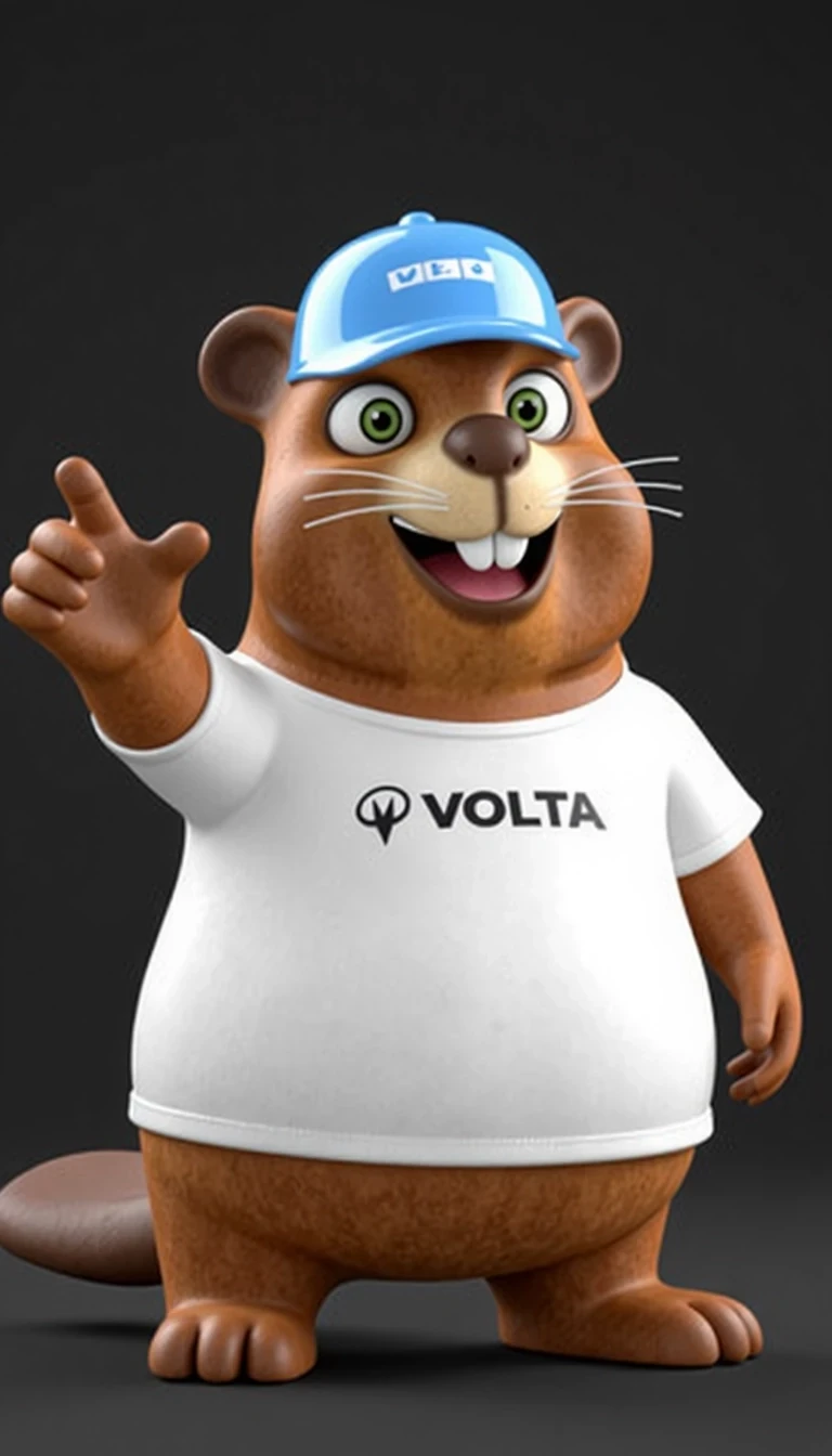 Selfie of of  CSTMDL, A cheerful, cartoon-style beaver character. The beaver has a plump, rounded body, covered in a rich, brown fur texture that highlights its friendly appearance. The beaver has a clean, high-definition face. Its cheeks are oval and chubby. The beaver has his eyes wide open. The large, expressive eyes are framed by short whiskers, enhancing its animated personality. The height of beaver is approximately 70 centimeters.

Sharp focus on facial features, High dynamic range, 80mm lens look

It wears a crisp white t-shirt emblazoned with the logo 'VOLTA' in bold letters, suggesting an energetic and playful branding. On its head, it sports a light blue baseball cap. The beaver's stance is dynamic, with one paw raised in an inviting gesture, suggesting friendliness and approachability. The lighting is focused and bright, casting soft shadows that emphasize the character's form, enhancing the three-dimensional feel. The overall composition is centered, allowing the character to be the focal point, while the simplicity of the black background ensures there are no distractions, maintaining the viewer's attention on the beaver itself. The beaver is pointing to the left. His entire body is turned in the direction of the finger. But his eyes are focused directly on the camera.