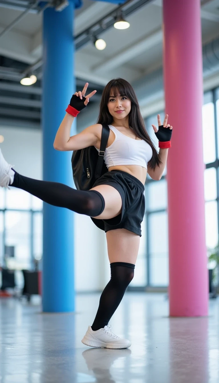 Cstmdl This photograph captures a young woman performing a high kick in a modern, well-lit indoor space, possibly a gym or convention hall. She has long, straight black hair with bangs, and is wearing a cosplay outfit inspired by Final Fantasy VII's character, Tifa Lockhart. The costume includes a white sports bra, black shorts, black thigh-high socks, and white sneakers. Her outfit is accessorized with black fingerless gloves and red wristbands, and she carries a black backpack slung over her shoulders.

Her skin is fair, and she has a slender, toned physique with large breasts. She is smiling and making a peace sign with her right hand, adding a playful and energetic vibe to her pose. Her left leg is extended high, showcasing her flexibility and agility.

The background features a clean, modern interior with a high ceiling and recessed lighting, providing a bright, even illumination. There are two large cylindrical pillars, one in blue and the other in pink, which likely serve as support structures or decor. The floor is a polished, light gray surface that reflects the surroundings. The overall ambiance is modern and sleek, emphasizing the clean lines and bright, open space.