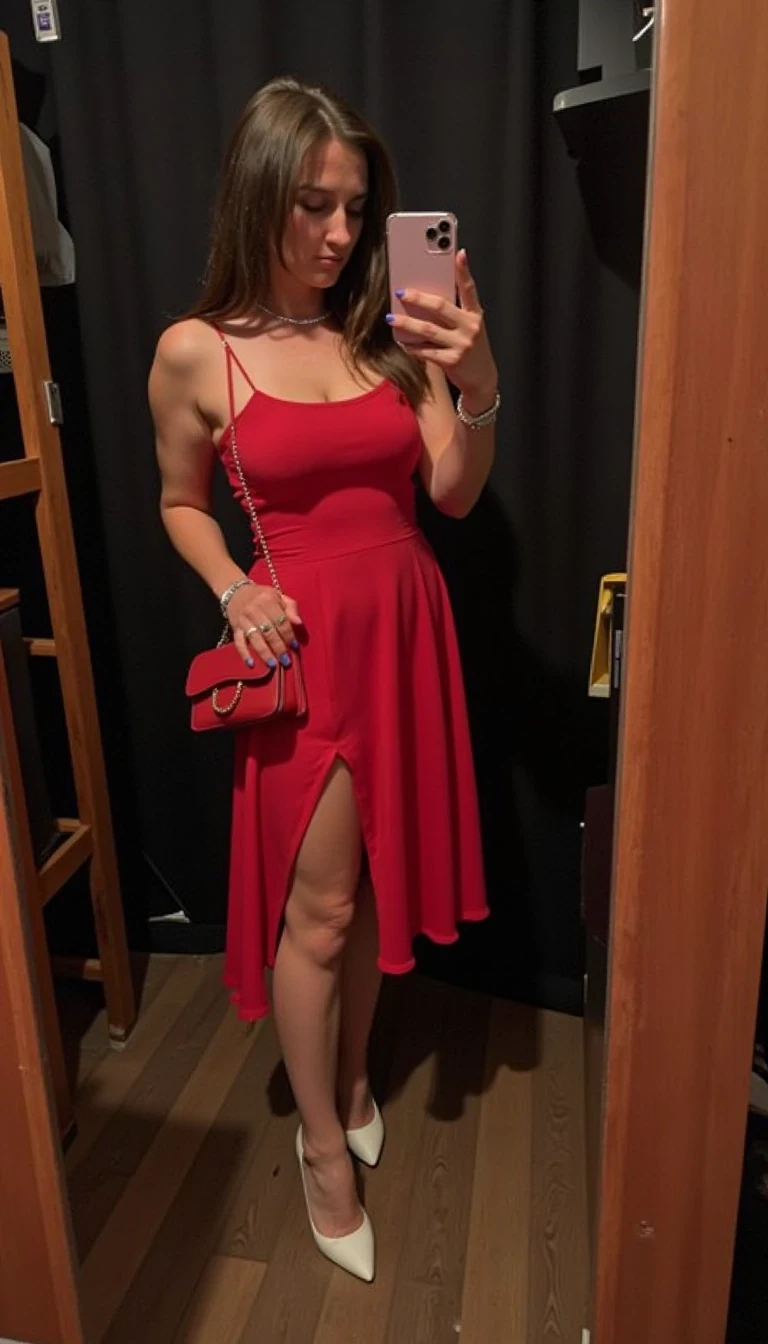 iphone portrait of CSTMDL woman having a selfie taken of her by a friend in a dimly lit bar, wearing a red dress and white heels with red handbag on her arm