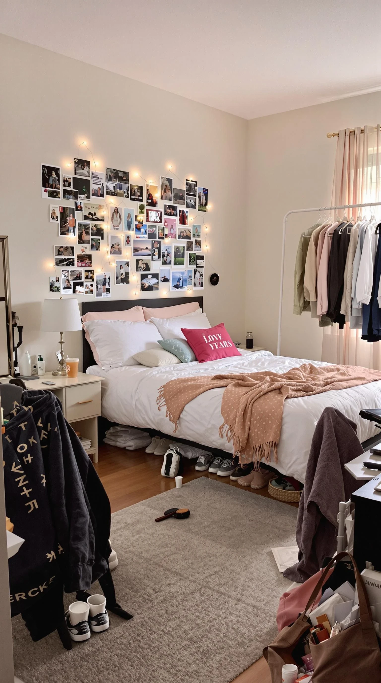 hip angle shot of Slightly untidy bedroom belonging to an 18-year-old girl in the U.S., viewed from a natural, low eye-level angle — approximately at waist or belly-button height. The room is softly lit with natural daylight coming through sheer curtains. A full-size bed sits against a pastel-toned wall, dressed in a white duvet with a few colorful throw pillows and a casually tossed blanket. The wall above the bed features a collage of magazine clippings, Polaroids, and fairy lights, giving the space a personal and expressive feel. One side of the room features a clear, open area with neatly kept hardwood or carpeted flooring, next to a clothing rack displaying curated outfits and shoes organized beneath it. A small nightstand holds a lamp, an iced coffee cup, a phone charger, and scattered makeup items. In another corner, a desk or vanity is slightly cluttered with notebooks, skincare products, a hairbrush, and jewelry. A hoodie is slung over a desk chair, and an open tote bag or backpack lies on the floor with a few papers peeking out. The overall room feels warm, creative, lived-in, and expressive — a space meant for both comfort and personal style. The composition suggests both functionality and personality, with an open layout that allows for natural movement and presence in the center of the room.