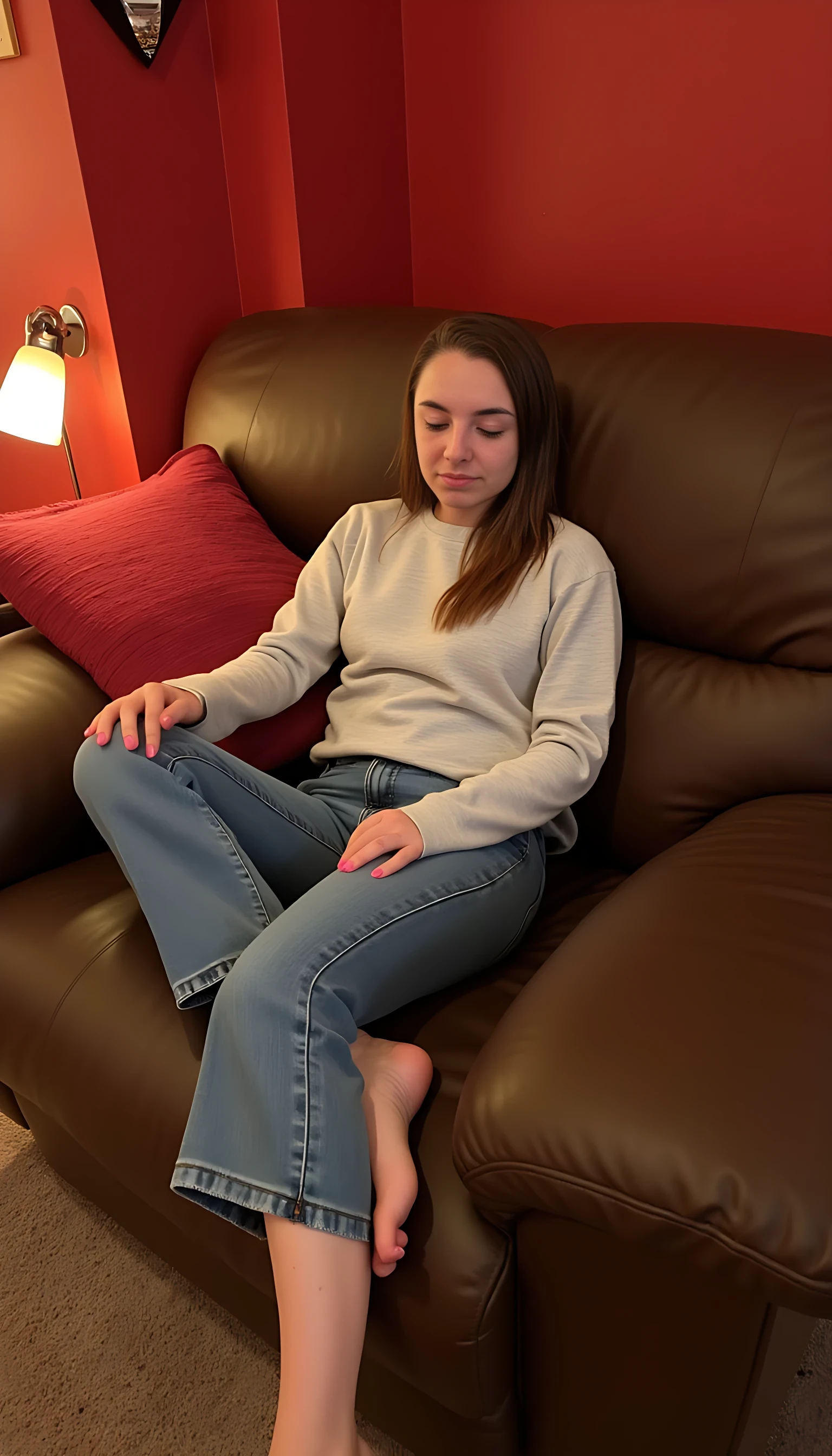 Sitting on the couch in the living room trying to look cute with a sad face CSTMDL red walls and brown carpet 