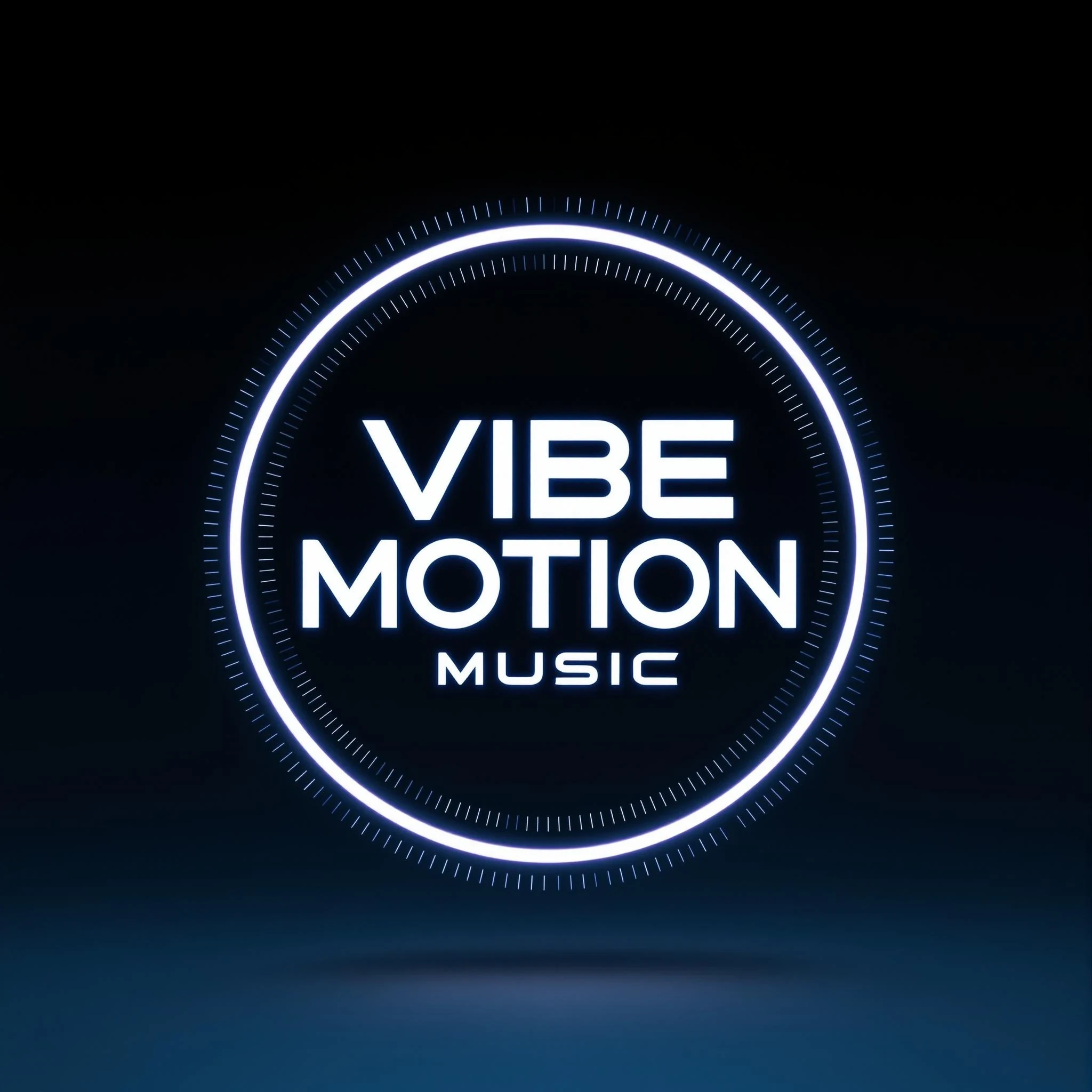 centered circular emblem with bold modern typography inside, glowing neon outline, high contrast black and white design, futuristic clean vector look, symmetrical balance, placed on a soft gradient background (dark blue to black), perfect for music branding" text "Vibe Motion Music" need to be inside. no trap nation music text.
