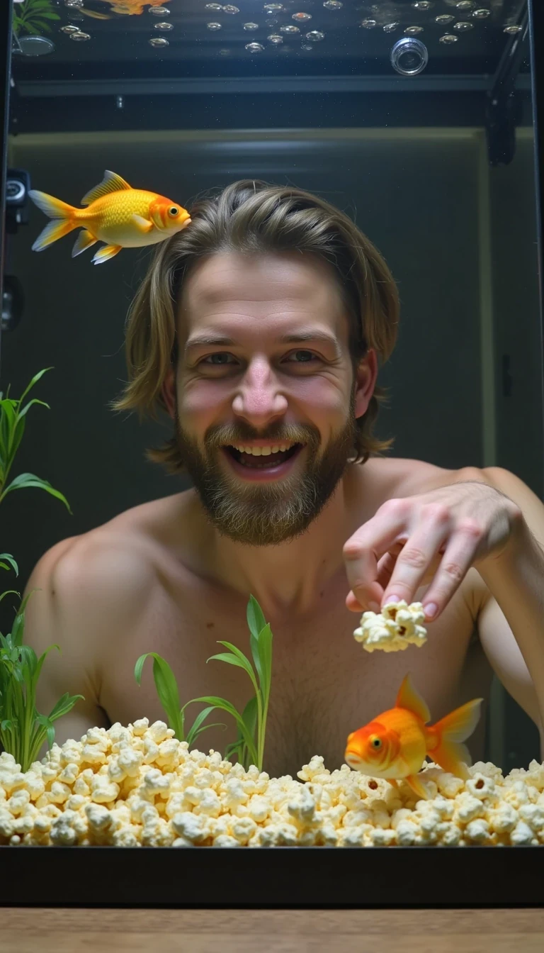 Samuel is feeding his pet goldfish in their beautiful aquarium. 
He is giving them popcorn to eat

Sam is shirtless and huge smiling

