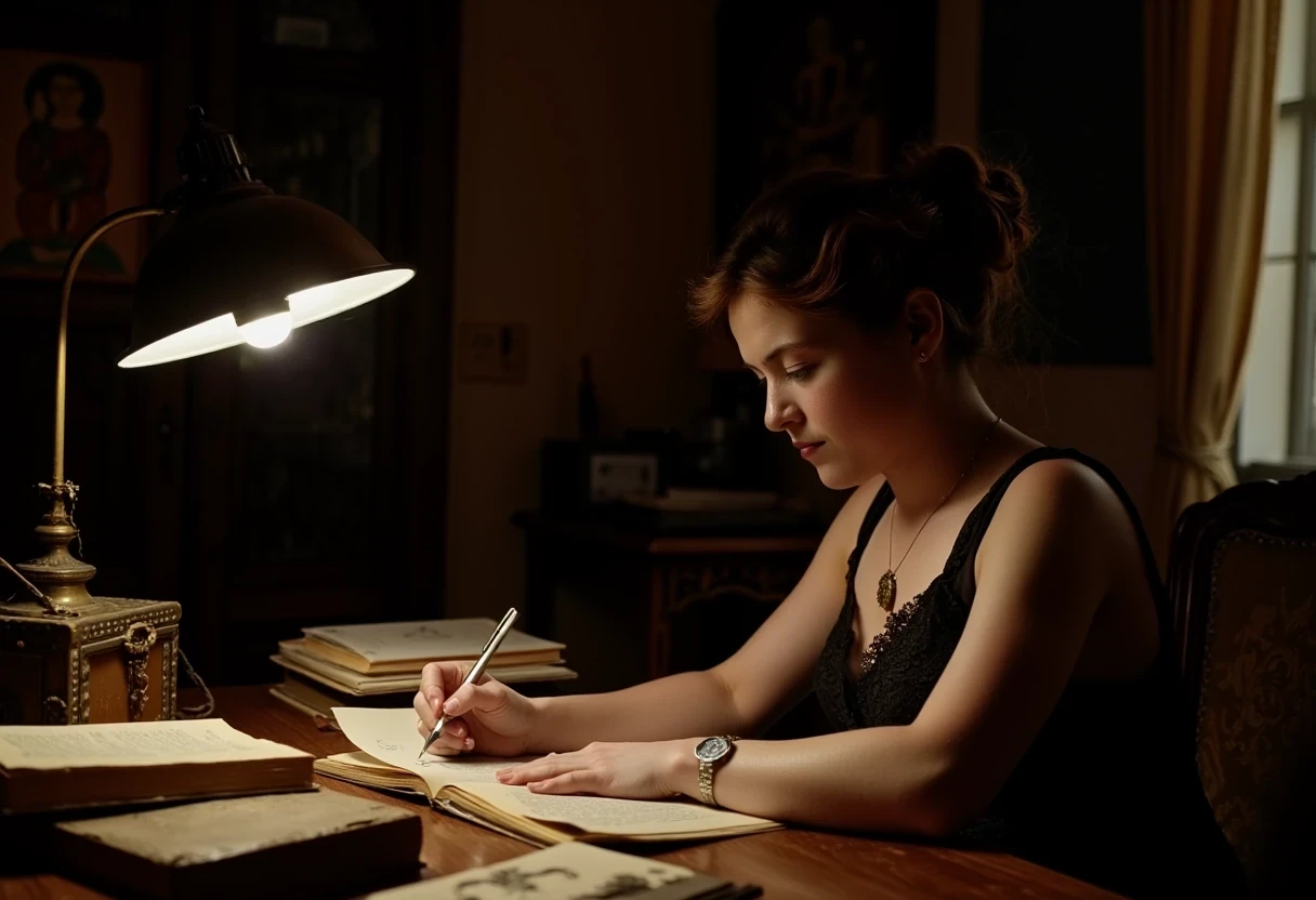 photo of woman CSTMDL, brunette, small pendant, hair tied, blue eyes, black night dress, working late night at her desk. The room is dark, the only light is a small art nouveau desk lamp.
She’s surrounded by a lot of old books and sheets of paper she worked on. She’s currently writing on a sheet with a beautiful vintage fountain pen.
She’s surrounded by her works in a beautiful art nouveau room with a Khmer piece of art in the background