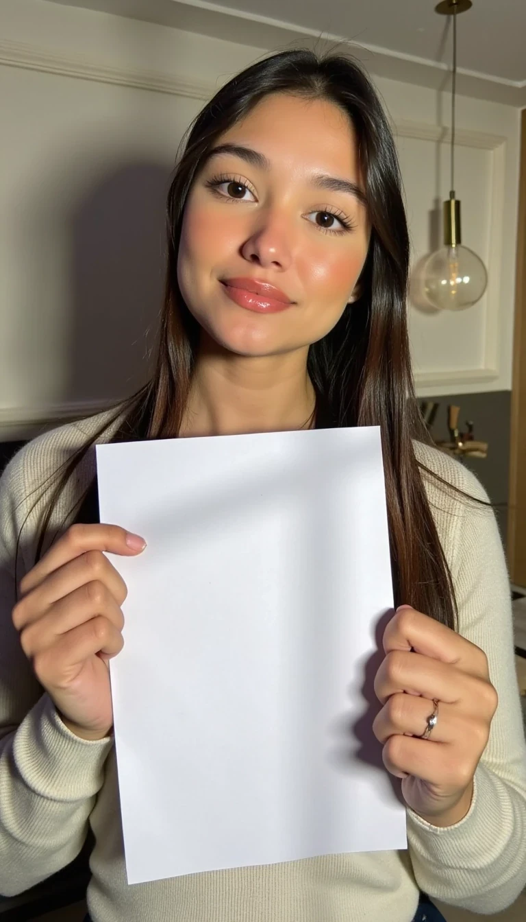 photo of woman CSTMDL, low quality snapchat photo circa 2015, holding a piece of white paper, realistic photo, sun lighting, long sleeve clothes, upper body photo, wall background 