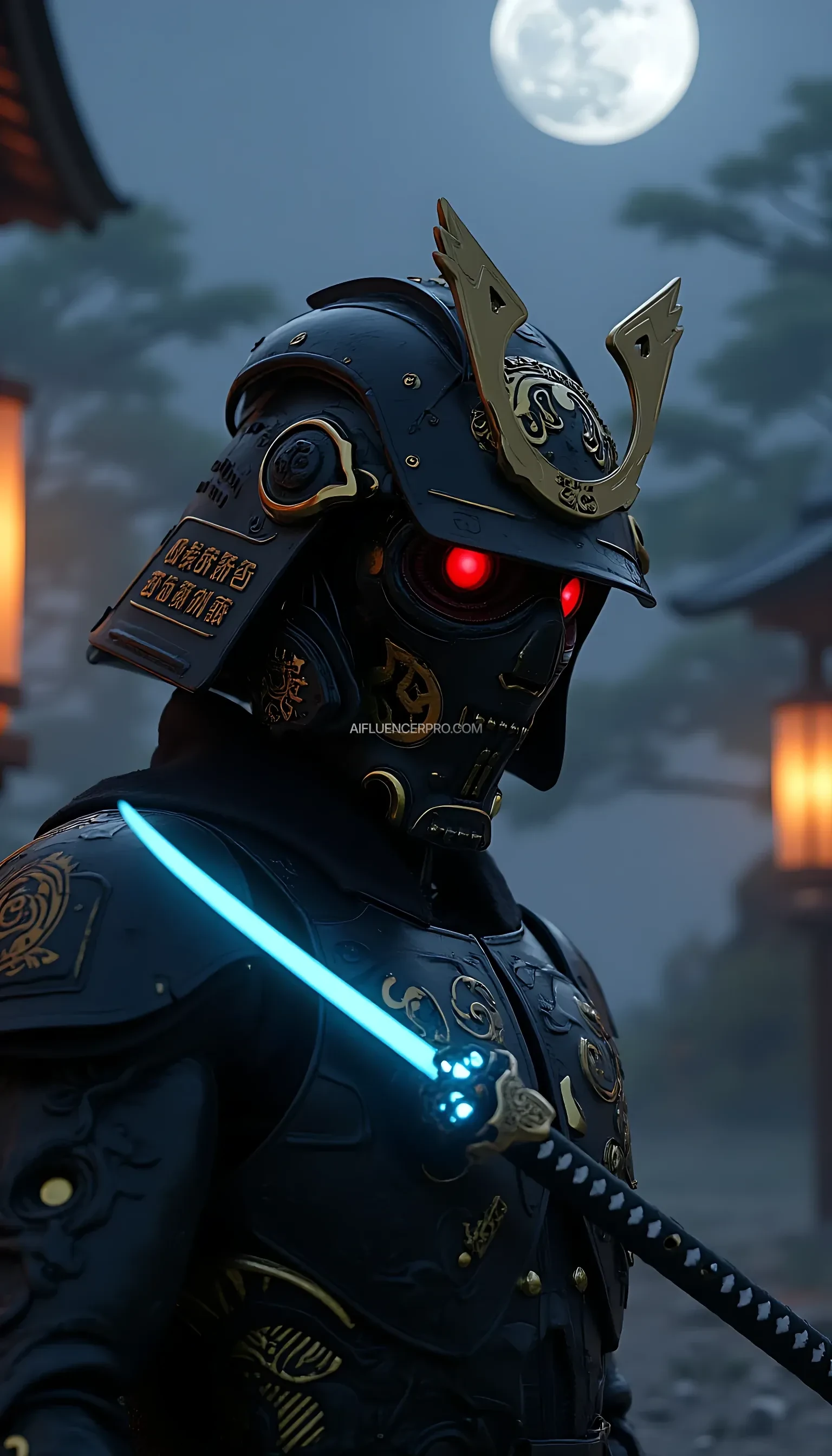 a futuristic samurai robot character with a highly realistic and cinematic style. The robot features a sleek black matte mechanical body with elegant gold accents. It wields a high-tech katana with a blade glowing in neon blue light. The traditional Japanese samurai cap, crafted from futuristic metal with intricate traditional engravings, partially covers its face, adding an air of mystery. Its glowing red eyes exude sharpness and determination. The background is a dark valley illuminated by moonlight and traditional lanterns, creating a cinematic atmosphere with mist and dramatic