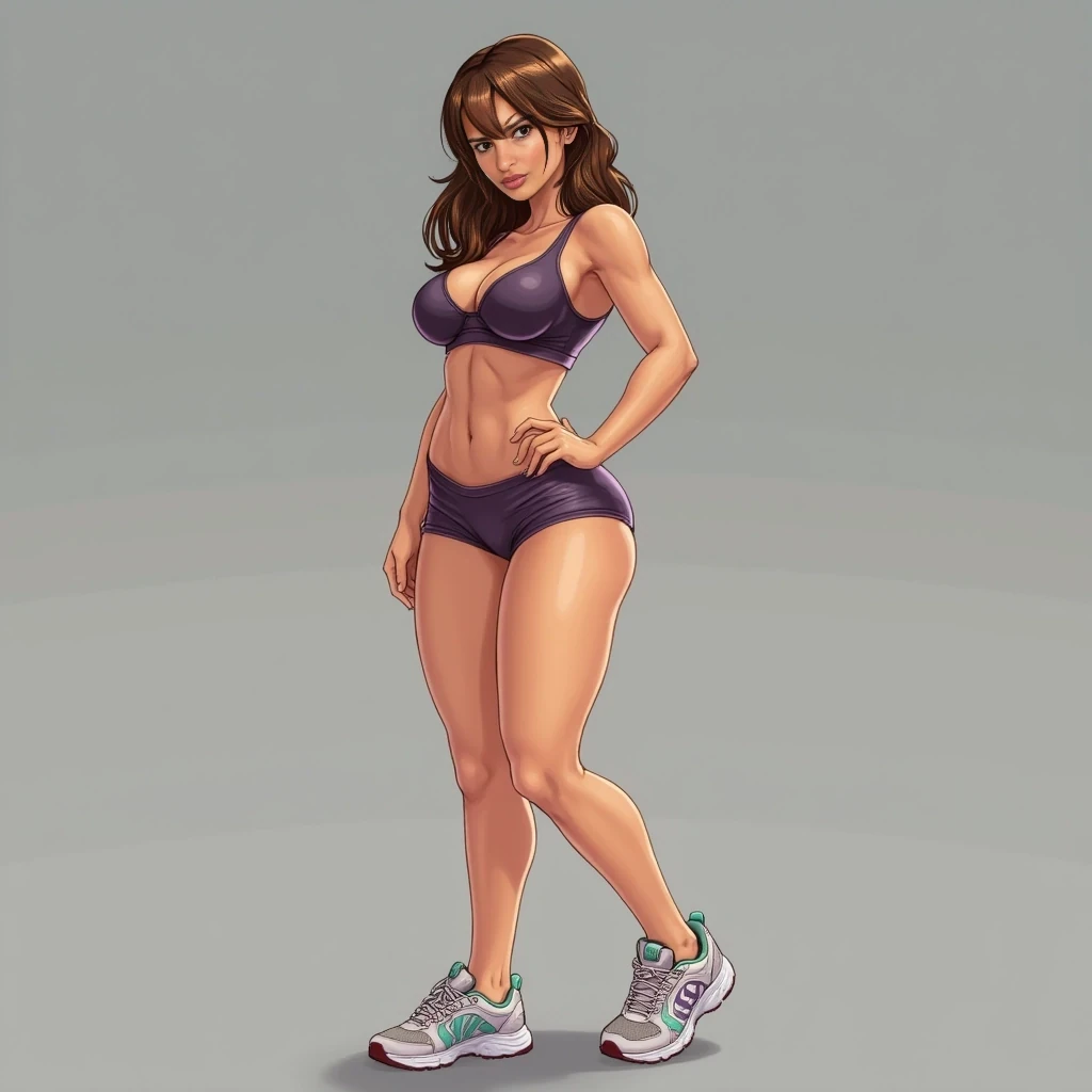 cute woman, hot pants, sneakers, sports bra, brunette hair