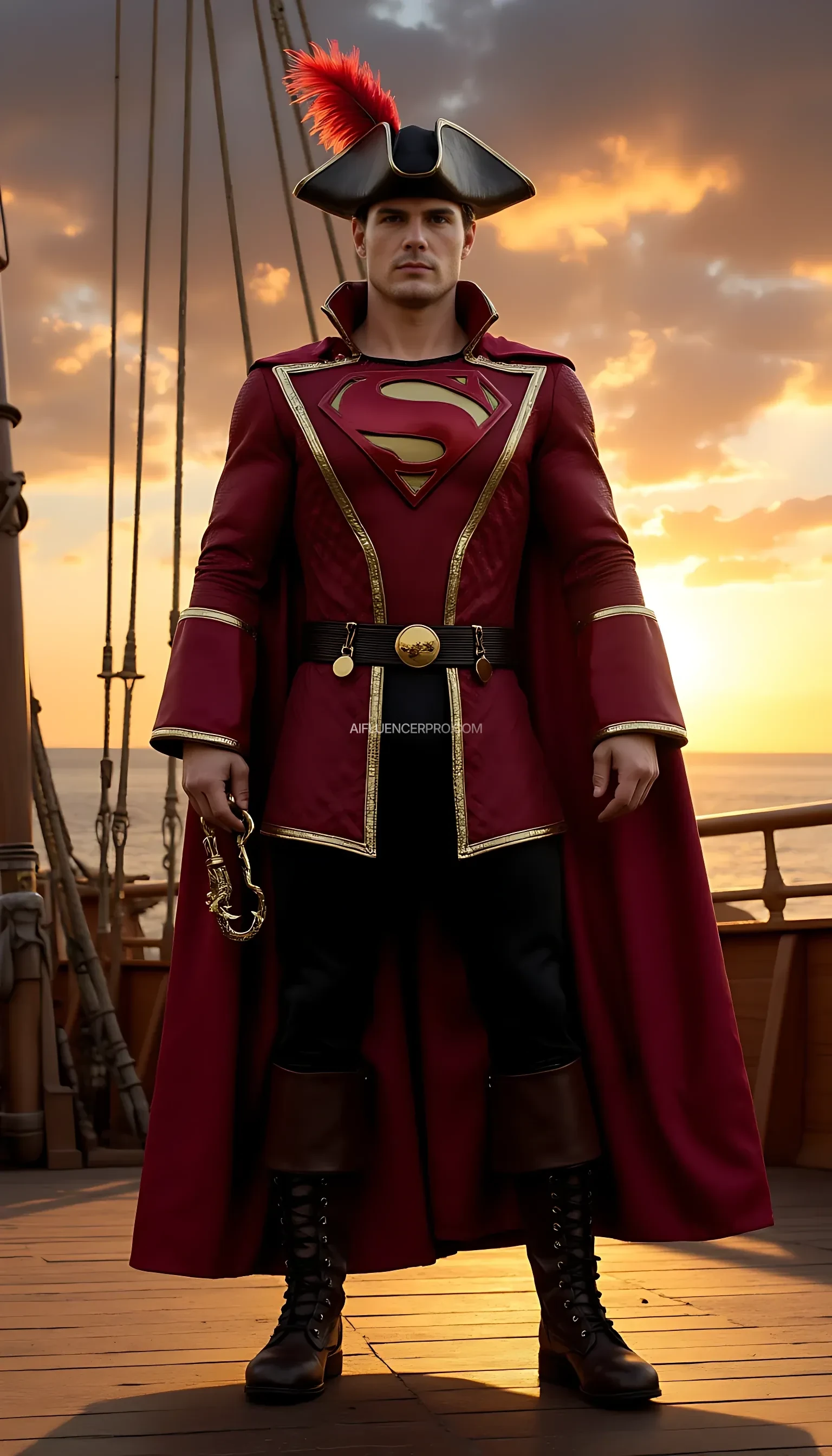 Photorealistic Superman wearing a Captain Hook-inspired outfit. He dons a regal red pirate coat with gold trim, black pants, tall leather boots, and a wide-brimmed pirate hat adorned with a majestic feather. The iconic "S" emblem is prominently displayed on his chest, seamlessly integrated into the pirate design. His right hand holds an elegant golden sword, while his left hand features a shiny hook, blending his superhero identity with the pirate theme. The background features the deck of a grand pirate ship at sunset, with dramatic clouds and a glowing horizon, creating a cinematic and epic atmosphere.
