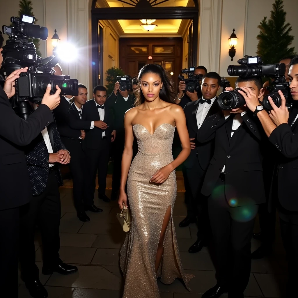 Hotel Entrance Sprint
Shot on Sony A1, 16-35mm f/2.8, ISO 4000, 1/320 sec. Low angle through crowd of photographers. Model in Saint Laurent evening gown leaving Met Gala afterparty. Multiple flash units creating cross-lighting effect on light olive brown skin. Security guards visible in frame. Slight digital noise adds to paparazzi aesthetic. Catching genuine expression as she navigates through crowd. Background: other celebs, flashing cameras, The Mark Hotel facade.
 CSTMDL