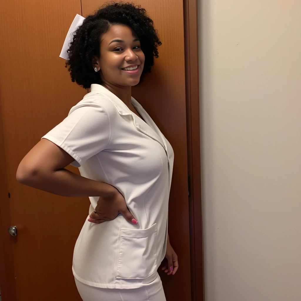 boring low quality snapchat photo circa 2015, cute woman, thick body, standing, full body, big butt, nurse, short curly hair, African American, latina, huge butt, short, facial