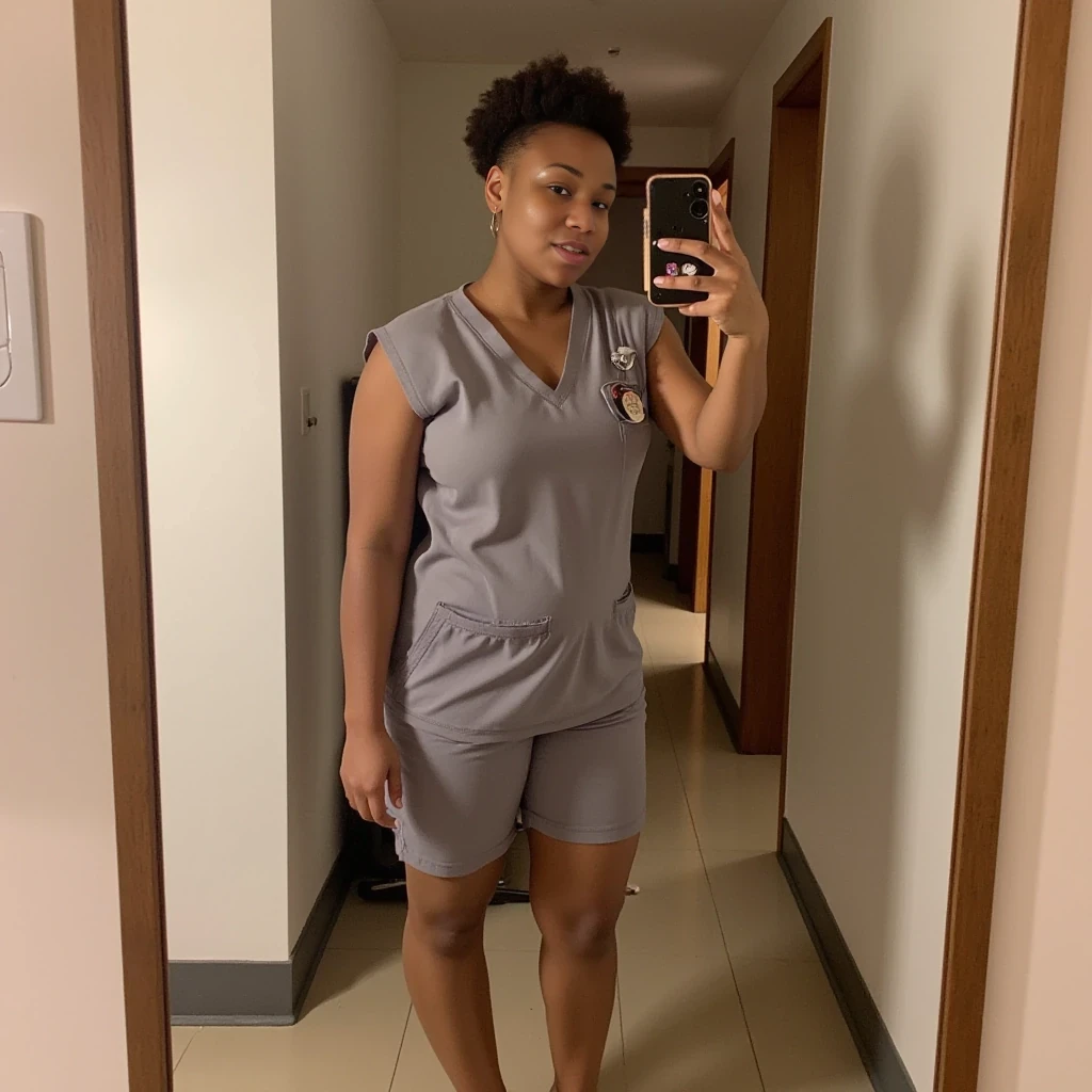 boring low quality snapchat photo circa 2015, cute woman, thick body, standing, full body, big butt, nurse, short curly hair, African American, latina, huge butt, short, facial