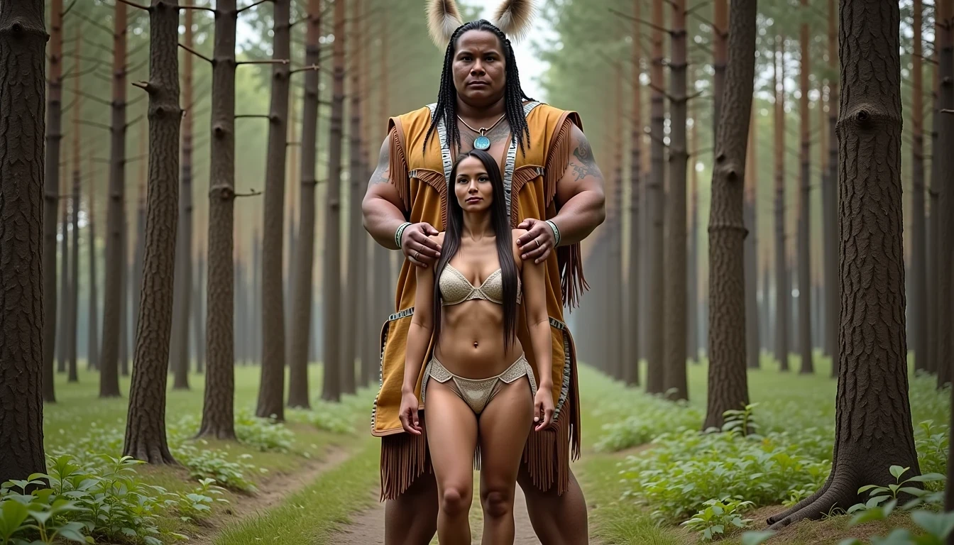 photo of woman CSTMDL, a medium shot photo of, a slim woman, her full body is in the scene, she has a slender petite build with petite small boobs and a flat chest, she has small dark skin nipples with long pointy nipple ducts and small dark skinned areolas, her hair is styled with two long braids she has eagle plumes in her hair, she is not wearing earrings, she is wearing daisy duke denim booty shorts, she is wearing a native American style vest in a golden yellow color over top of her underwear, her vest is open exposing her strapless bra, her bra is a strapless white lace bra, she is wearing white lace panties, she is wearing ankle height smoked hide moccasins, natural lighting, natural light, amateur photography, shot on an iPhone, she is standing with her legs spread wide apart in a densely wooded forest, she is maintaining intense eye contact with the camera, there is a giant native American fat man twice her height standing up directly behind her holding onto the woman's booty, the man is holding her up suspended in the air in front of him, the man is a real giant, public setting, Hyper realism, ultra-sharp focus, highly detailed, natural lighting, natural light, amateur photography,