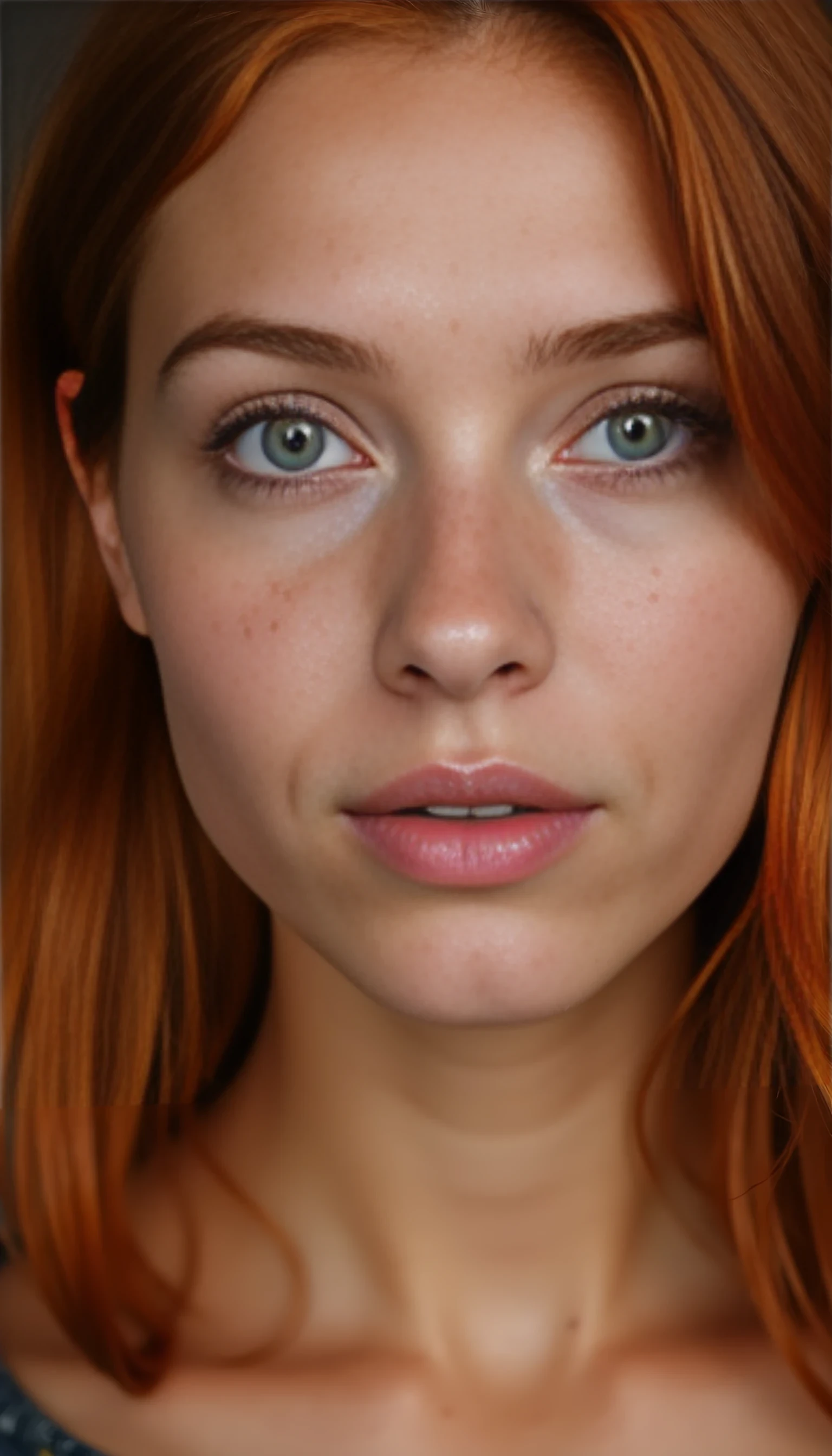 A portrait photo of a beautiful 20 years old model, mixed ethnicity of half white American half Brazilian, with soft red hair, emerald green eyes, light freckles across her nose, perfect glassy skin, ultra detailed eyes with sharp iris reflections, slight smile, studio-quality, extremely realistic HD
