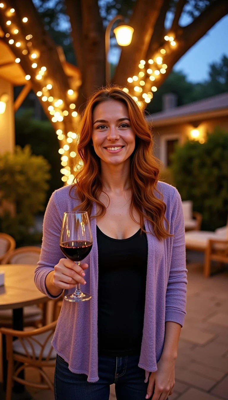 A full body shot photo of a woman standing outdoors at a cozy, warmly lit patio in the evening, with soft, glowing lights wrapped around a tree behind them creating a charming atmosphere. The image is rich in detail, with warm tones and clear textures throughout. The woman has fair skin, a slim build, and long reddish-blonde hair, also worn loose. She is smiling warmly at the camera, holding a glass of red wine in her right hand, and wears a soft-textured lavender cardigan over a black top. The background features a large tree with sparkling string lights wrapped around its trunk and branches, adding a magical touch to the scene. The setting suggests a private outdoor seating area, with elements like terracotta-tiled roofing, greenery, and rattan chairs contributing to a serene, inviting vibe. The overall composition is balanced, with the woman framed against the softly glowing tree, and the lighting enhances the warm, intimate feel of a quiet evening shared among friends. The details are vivid, with textures of clothing, skin, and background elements clearly visible, while the warm lighting creates a relaxed and joyful mood